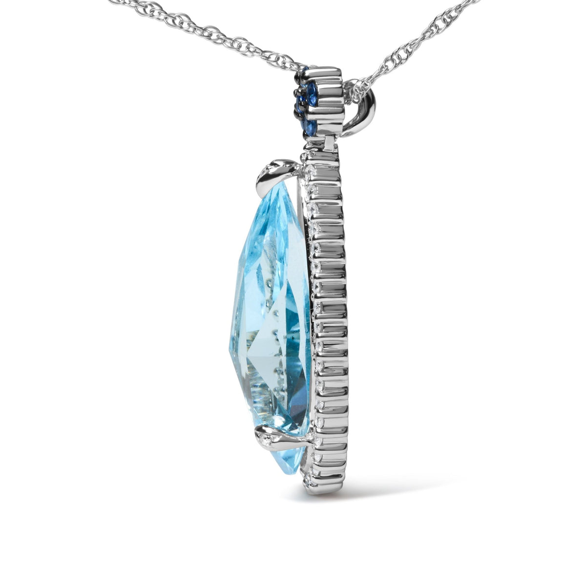 18K White Gold 3/8 Cttw Pave Set Diamond and Sky Blue Topaz and Blue Sapphire Gemstone Floral Teardrop Halo 18&quot; Pendant Necklace (G-H Color, SI2-I1 Clarity) - LinkagejewelrydesignLinkagejewelrydesign