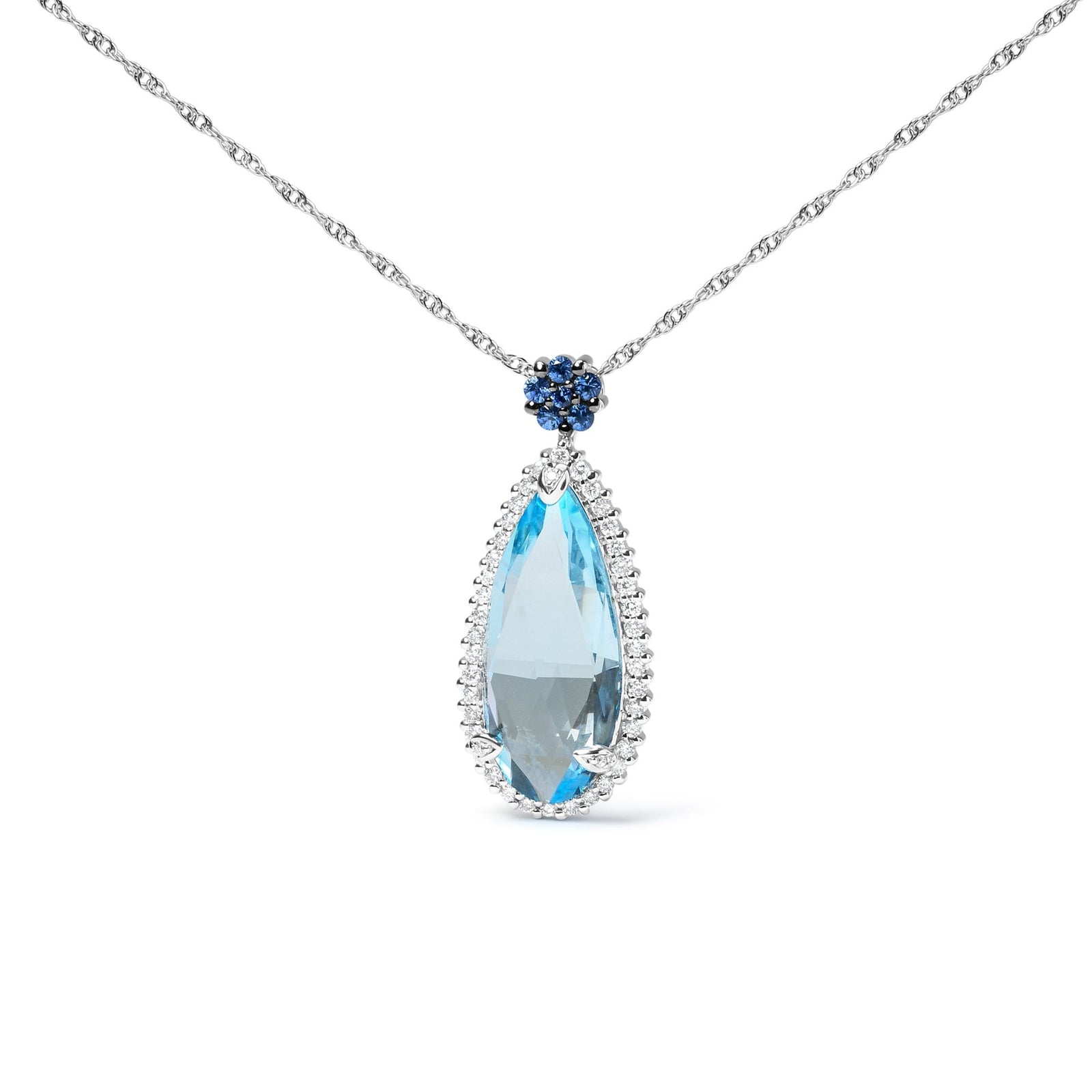 18K White Gold 3/8 Cttw Pave Set Diamond and Sky Blue Topaz and Blue Sapphire Gemstone Floral Teardrop Halo 18" Pendant Necklace (G-H Color, SI2-I1 Clarity) - LinkagejewelrydesignLinkagejewelrydesign
