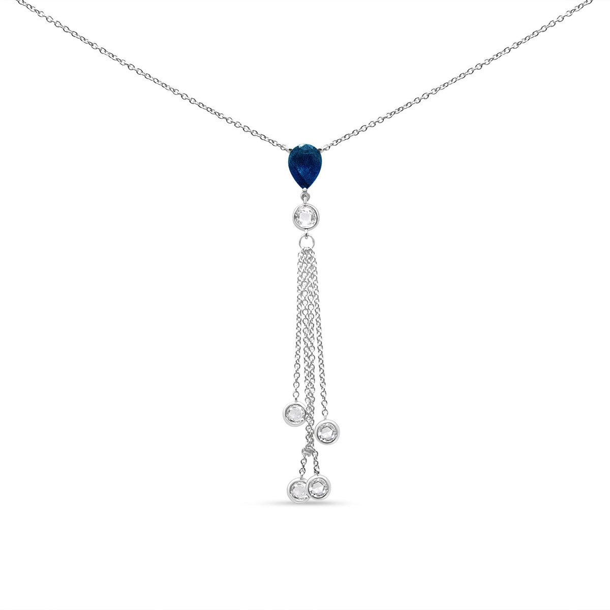 18K White Gold 3/8 Cttw Round Diamond and 8x6mm Blue Sapphire Waterfall Dangle 18&quot; Y Necklace (F-G Color, VS2-SI1 Clarity) - LinkagejewelrydesignLinkagejewelrydesign