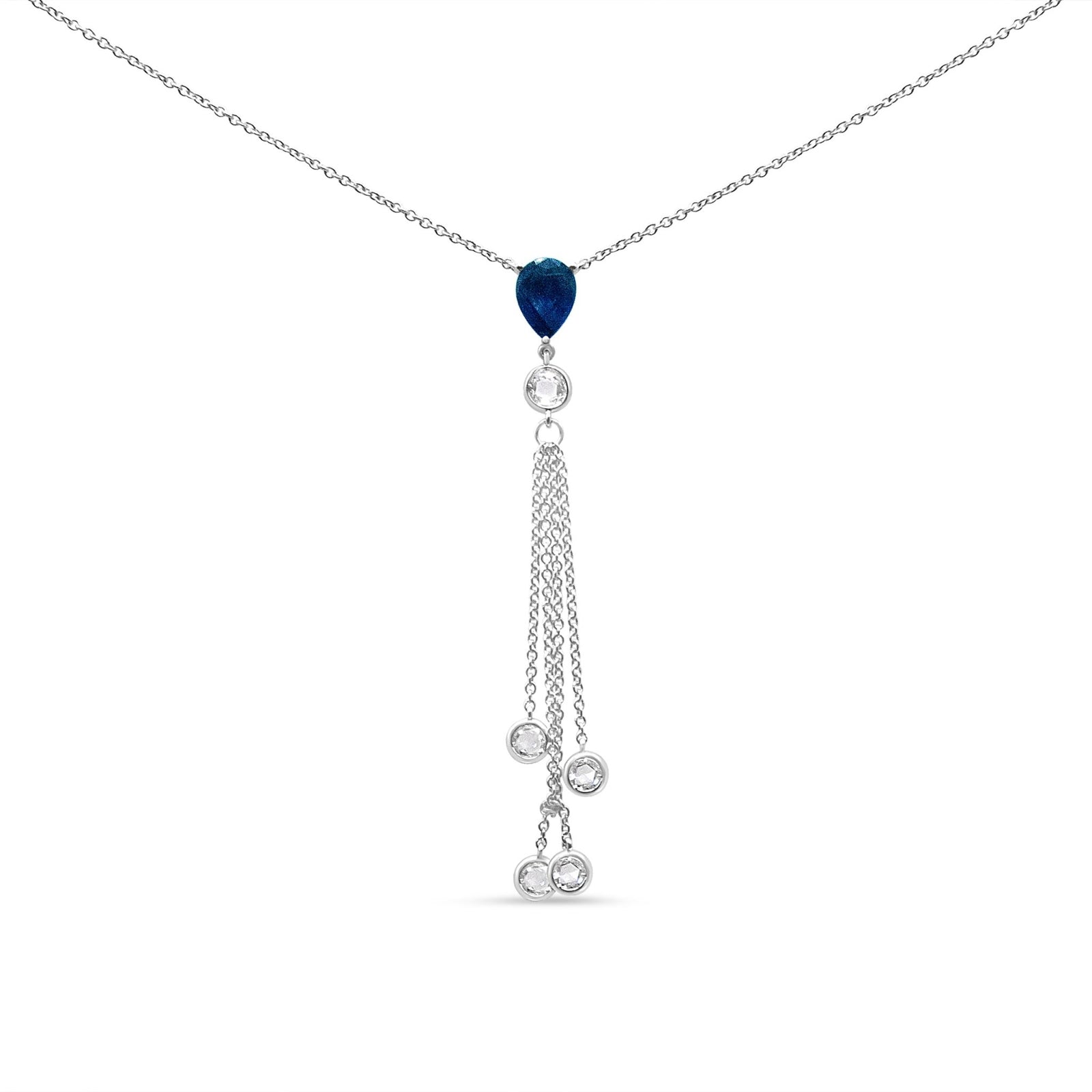 18K White Gold 3/8 Cttw Round Diamond and 8x6mm Blue Sapphire Waterfall Dangle 18" Y Necklace (F-G Color, VS2-SI1 Clarity) - LinkagejewelrydesignLinkagejewelrydesign