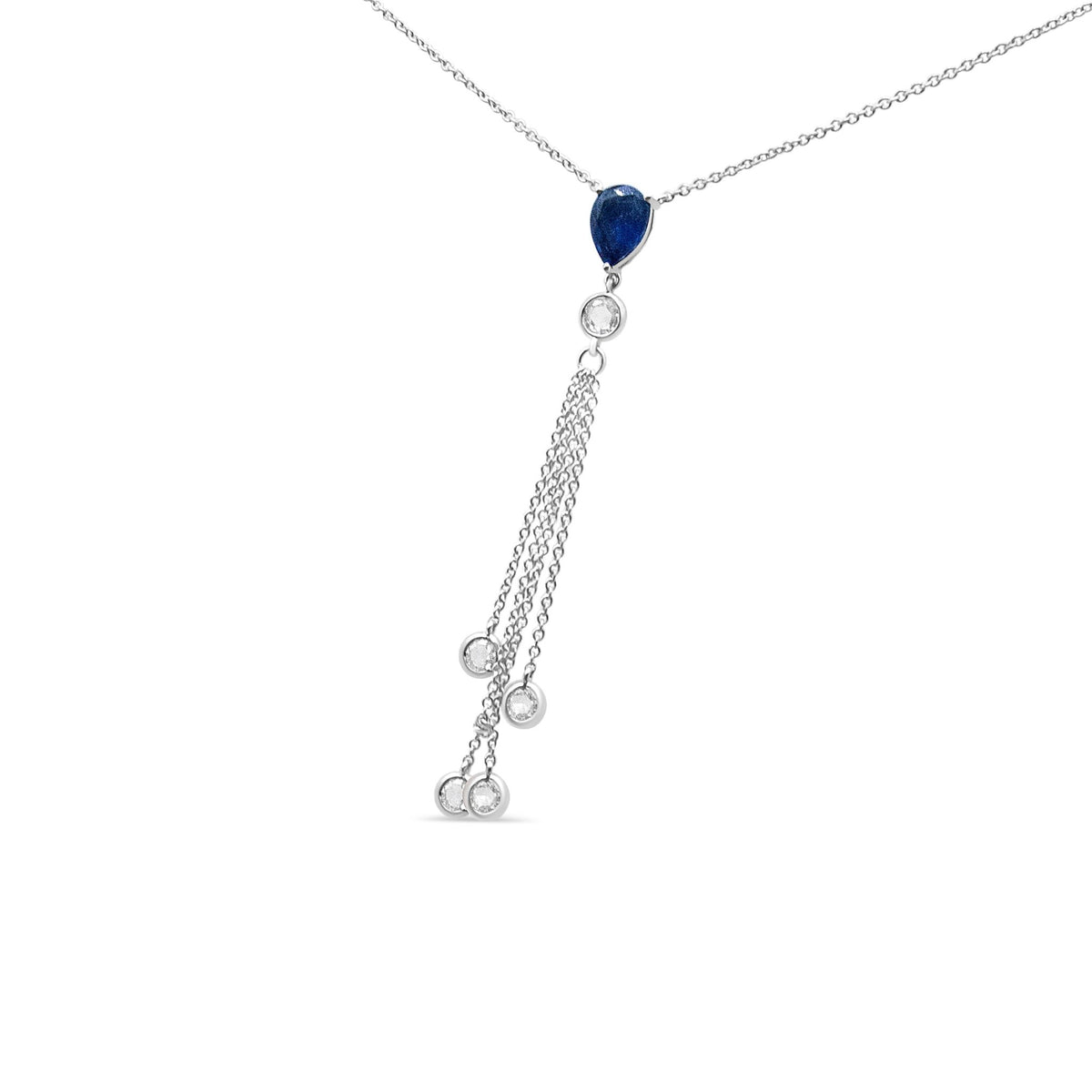 18K White Gold 3/8 Cttw Round Diamond and 8x6mm Blue Sapphire Waterfall Dangle 18&quot; Y Necklace (F-G Color, VS2-SI1 Clarity) - LinkagejewelrydesignLinkagejewelrydesign