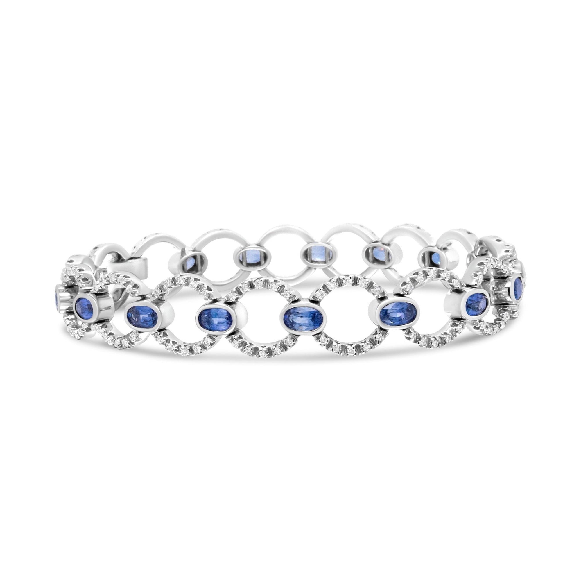 18K White Gold 6 Cttw Diamond and 5x3mm Oval Blue Sapphire Openwork Circle Link Bracelet (F-G Color, SI1-SI2 Clarity) - Size 7" - LinkagejewelrydesignLinkagejewelrydesign