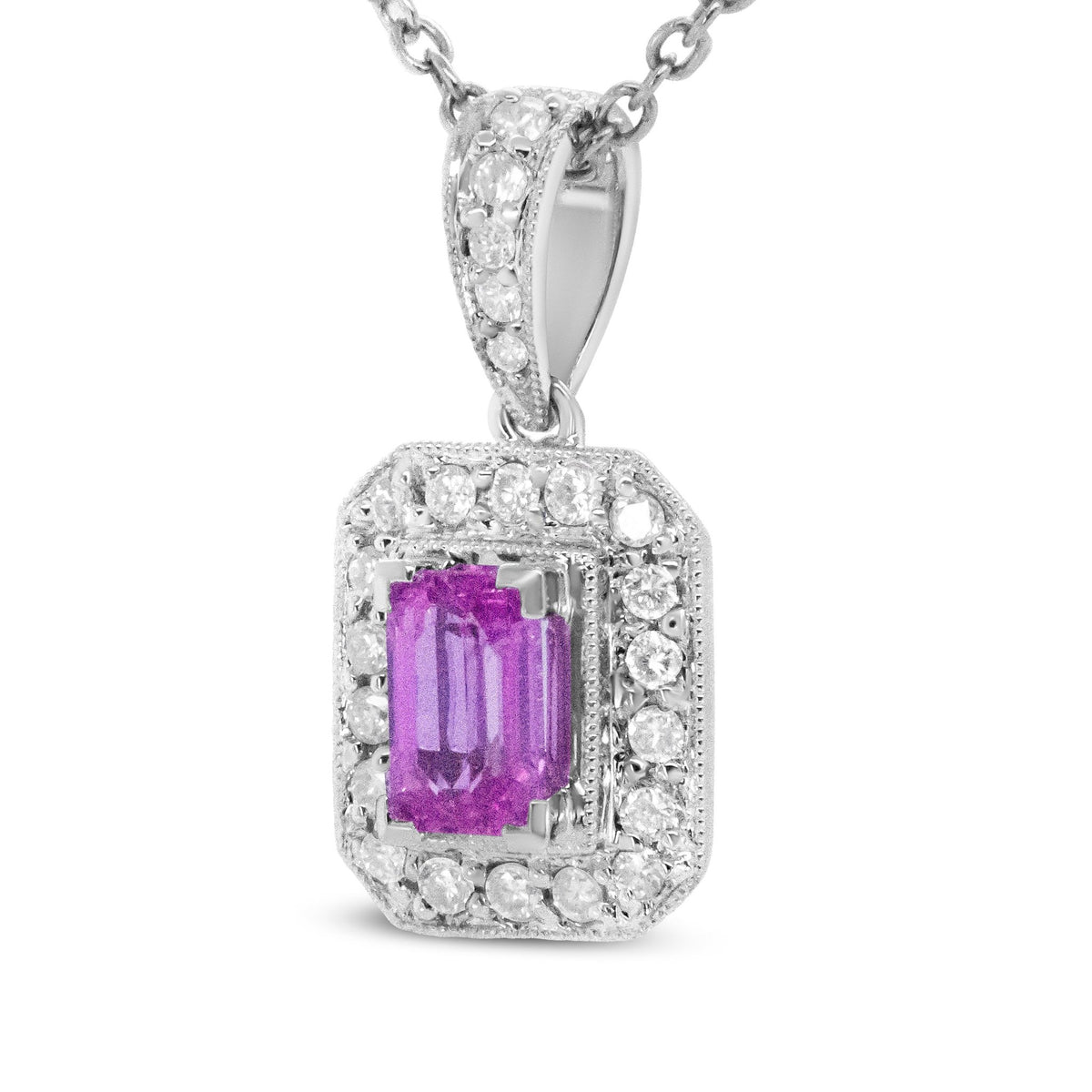 18K White Gold 6x4mm Pink Sapphire and 1/4 Cttw Pave-Set Round Diamond Pendant 18&quot; Necklace - (H-I Color, VS1-VS2 Clarity) - LinkagejewelrydesignLinkagejewelrydesign
