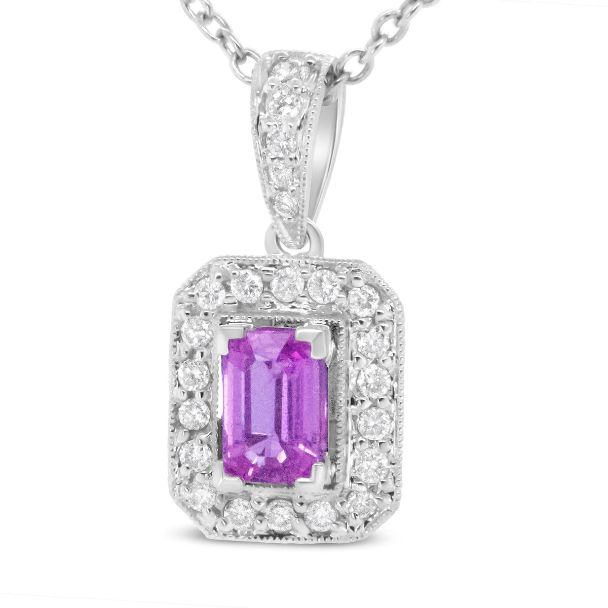 18K White Gold 6x4mm Pink Sapphire and 1/4 Cttw Pave-Set Round Diamond Pendant 18&quot; Necklace - (H-I Color, VS1-VS2 Clarity) - LinkagejewelrydesignLinkagejewelrydesign