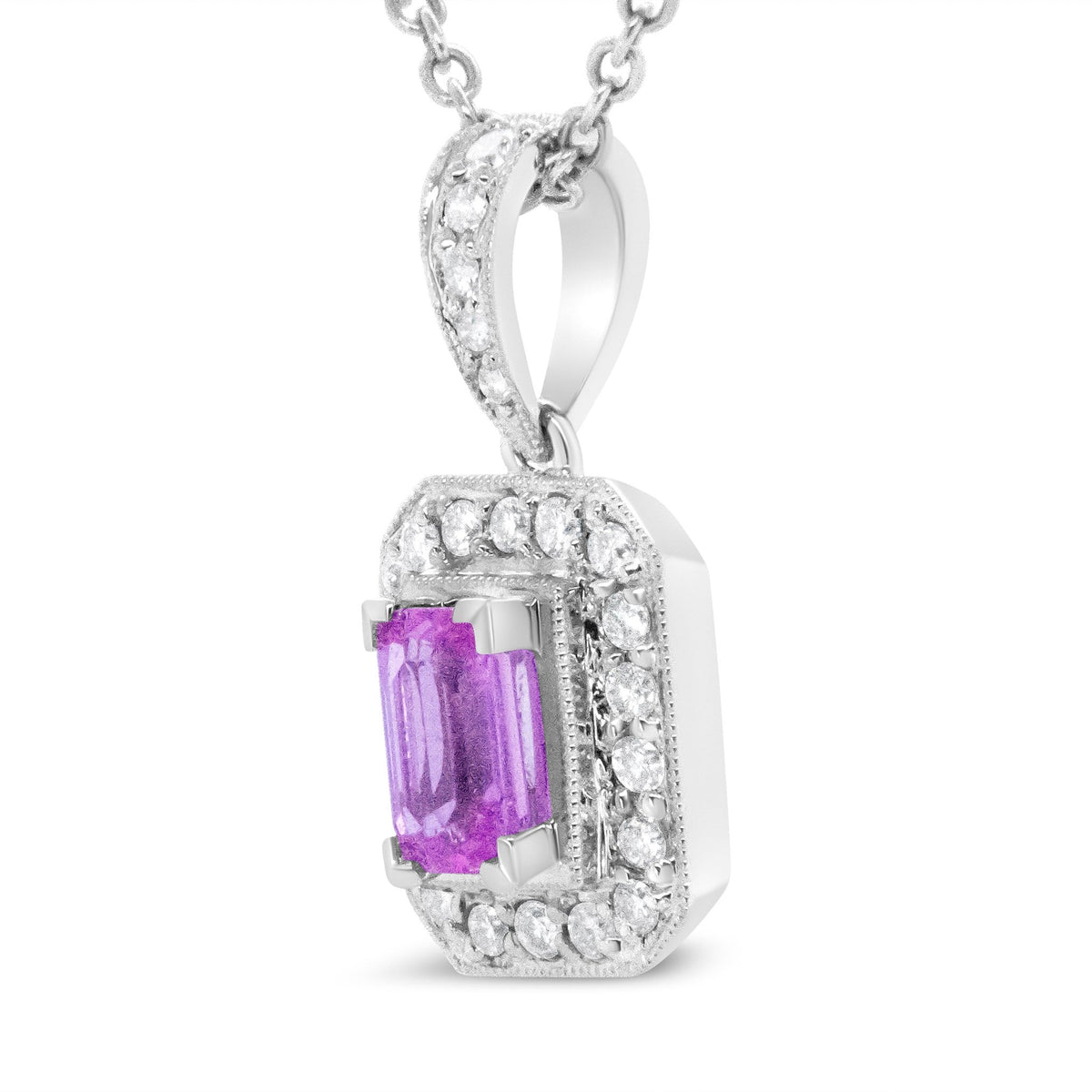 18K White Gold 6x4mm Pink Sapphire and 1/4 Cttw Pave-Set Round Diamond Pendant 18&quot; Necklace - (H-I Color, VS1-VS2 Clarity) - LinkagejewelrydesignLinkagejewelrydesign