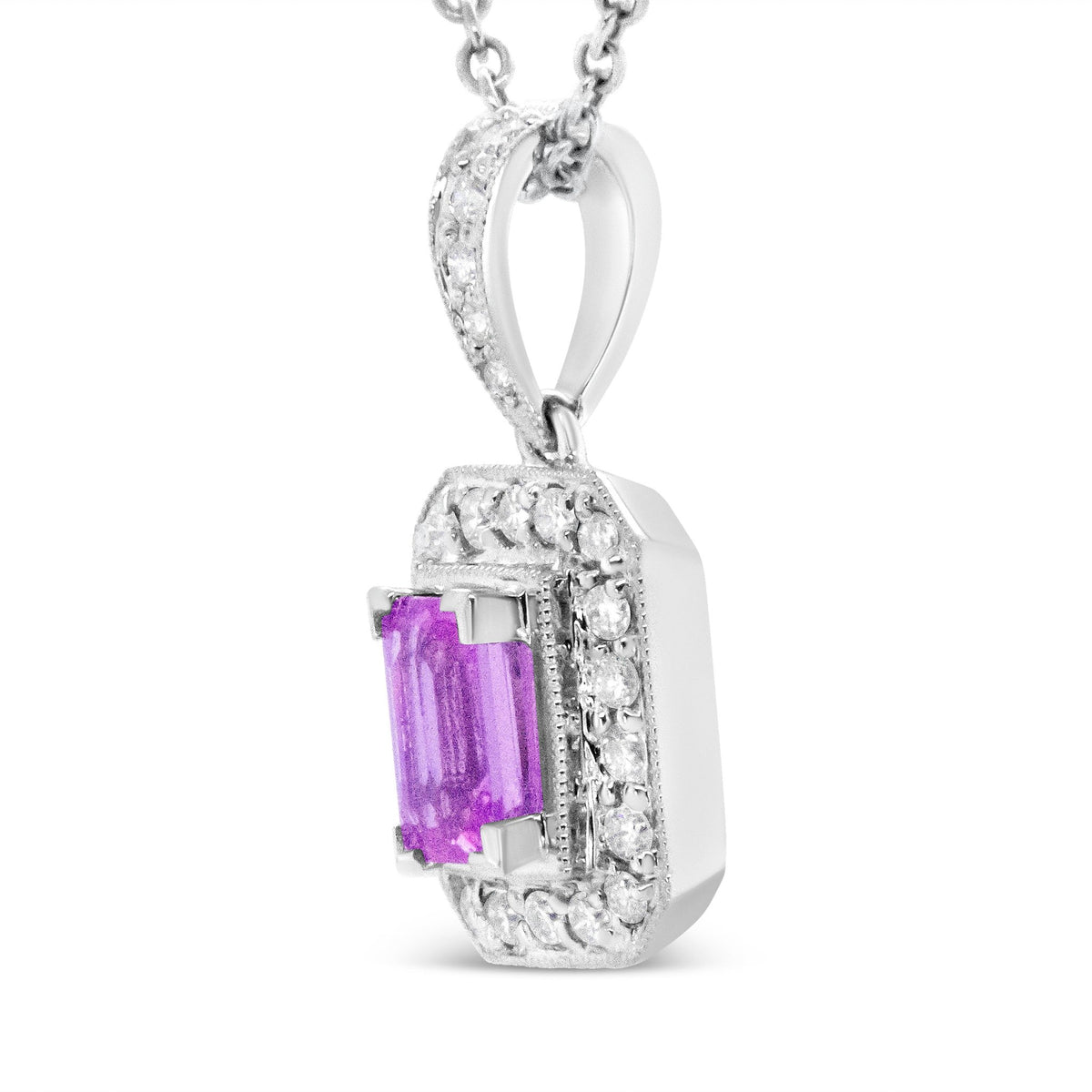 18K White Gold 6x4mm Pink Sapphire and 1/4 Cttw Pave-Set Round Diamond Pendant 18&quot; Necklace - (H-I Color, VS1-VS2 Clarity) - LinkagejewelrydesignLinkagejewelrydesign