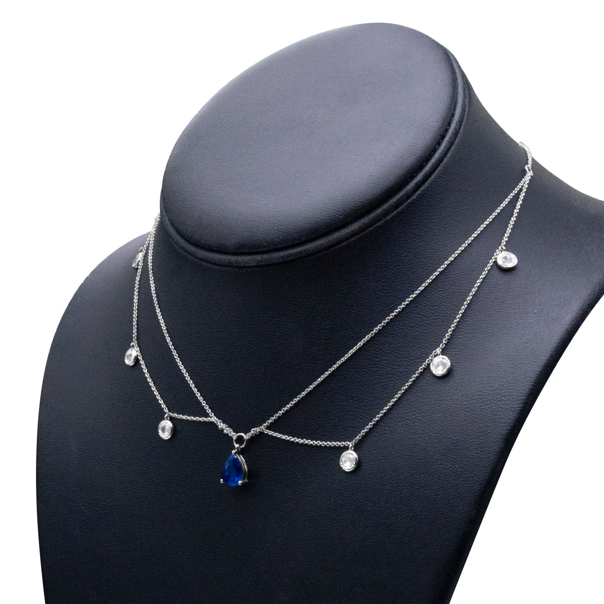 18K White Gold 7/8 Cttw Diamond and 7.5x5.5mm Blue Sapphire Multi-Strand Station 16&quot; Pendant Necklace (F-G Color, VS2-SI Clarity) - LinkagejewelrydesignLinkagejewelrydesign