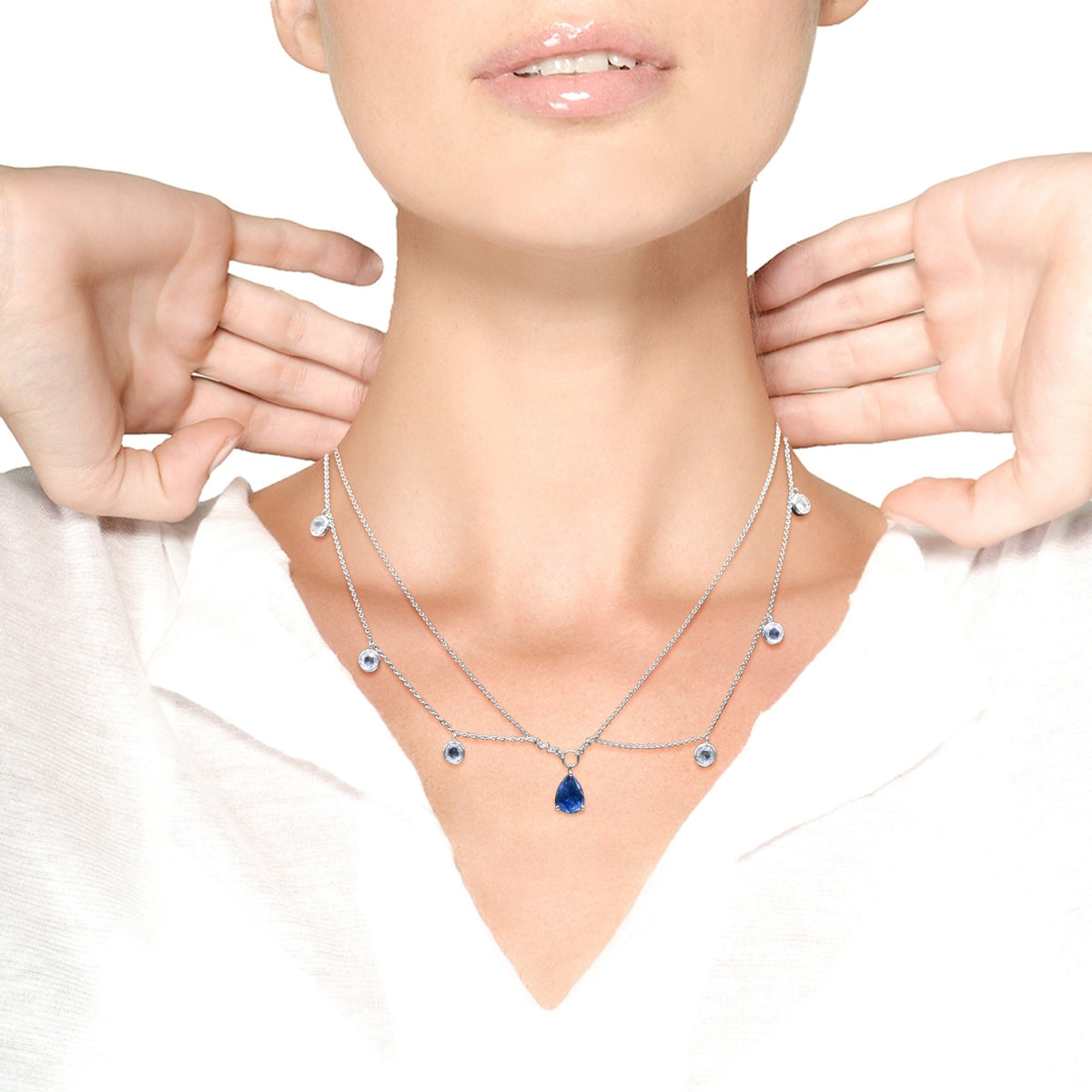18K White Gold 7/8 Cttw Diamond and 7.5x5.5mm Blue Sapphire Multi-Strand Station 16&quot; Pendant Necklace (F-G Color, VS2-SI Clarity) - LinkagejewelrydesignLinkagejewelrydesign