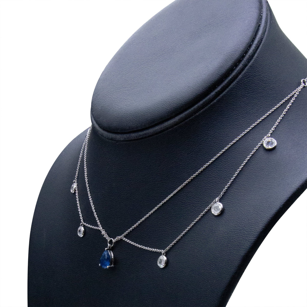 18K White Gold 7/8 Cttw Diamond and 7.5x5.5mm Blue Sapphire Multi-Strand Station 16&quot; Pendant Necklace (F-G Color, VS2-SI Clarity) - LinkagejewelrydesignLinkagejewelrydesign