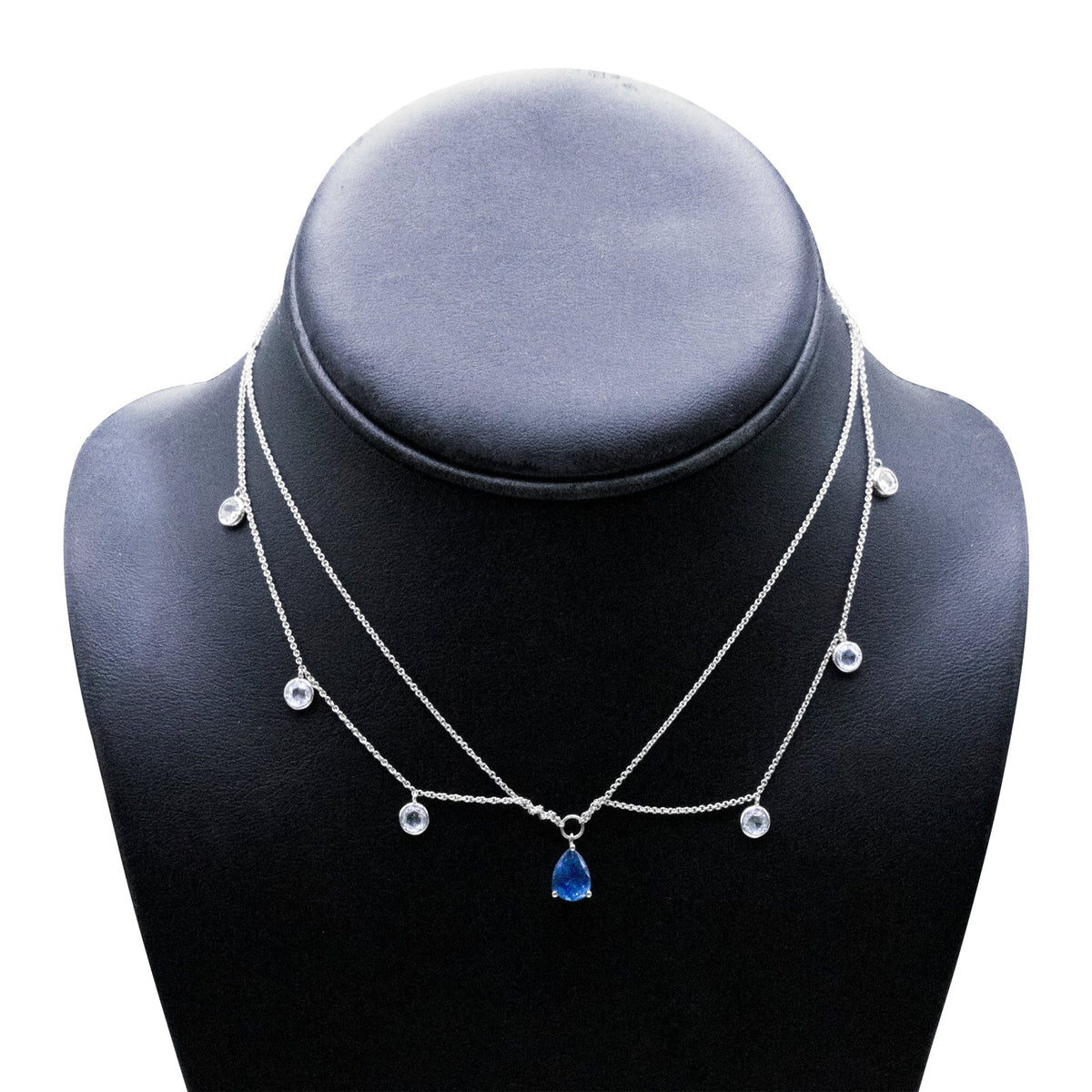 18K White Gold 7/8 Cttw Diamond and 7.5x5.5mm Blue Sapphire Multi-Strand Station 16&quot; Pendant Necklace (F-G Color, VS2-SI Clarity) - LinkagejewelrydesignLinkagejewelrydesign