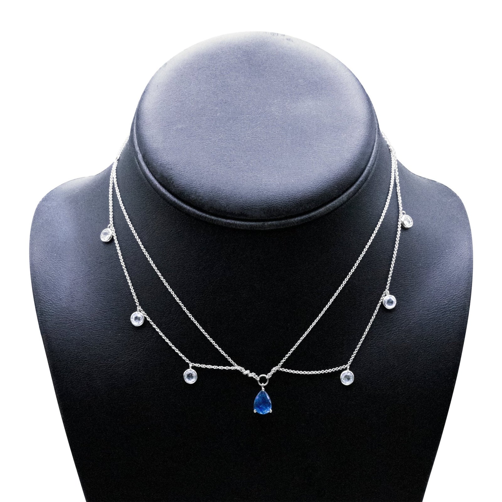 18K White Gold 7/8 Cttw Diamond and 7.5x5.5mm Blue Sapphire Multi-Strand Station 16" Pendant Necklace (F-G Color, VS2-SI Clarity) - LinkagejewelrydesignLinkagejewelrydesign