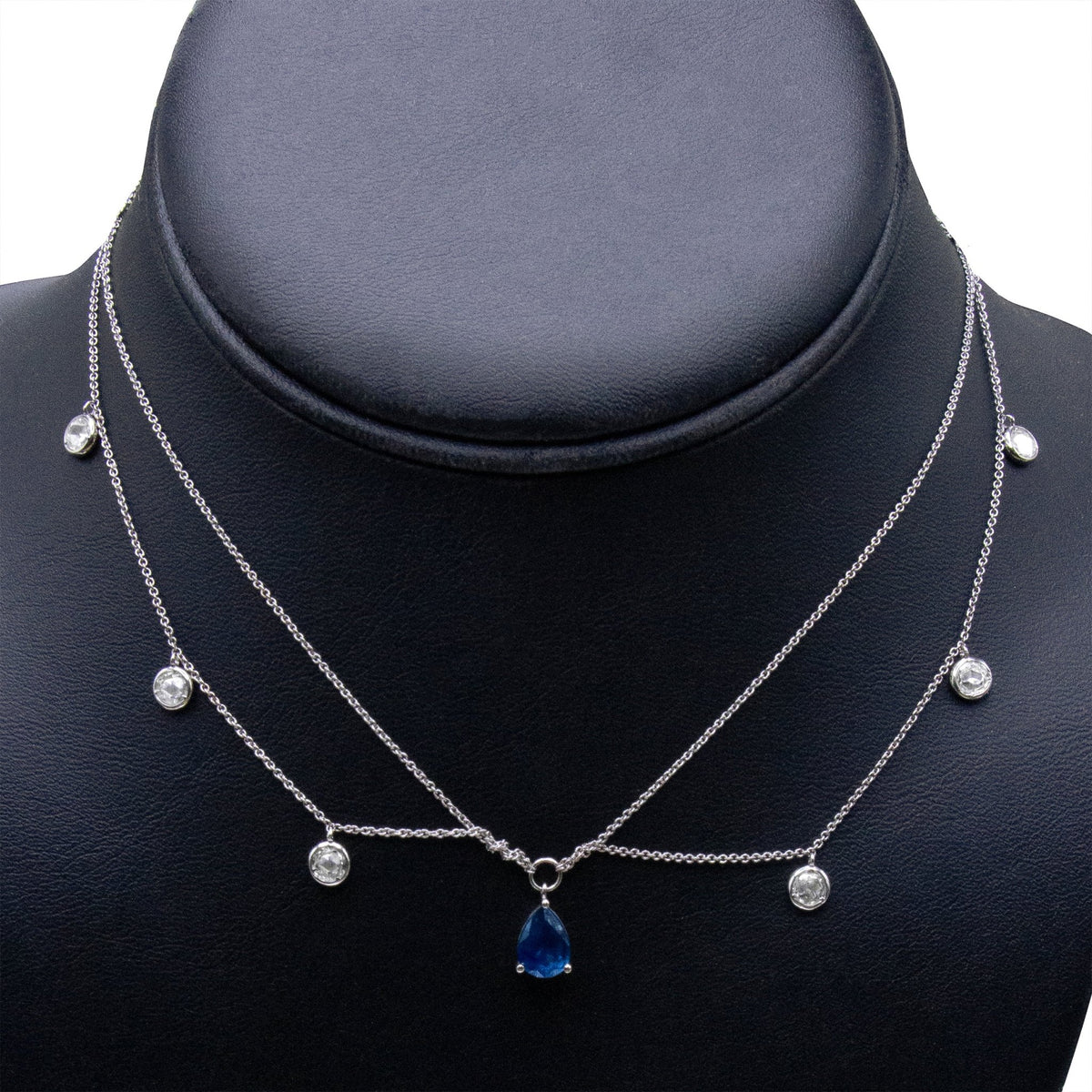 18K White Gold 7/8 Cttw Diamond and 7.5x5.5mm Blue Sapphire Multi-Strand Station 16&quot; Pendant Necklace (F-G Color, VS2-SI Clarity) - LinkagejewelrydesignLinkagejewelrydesign