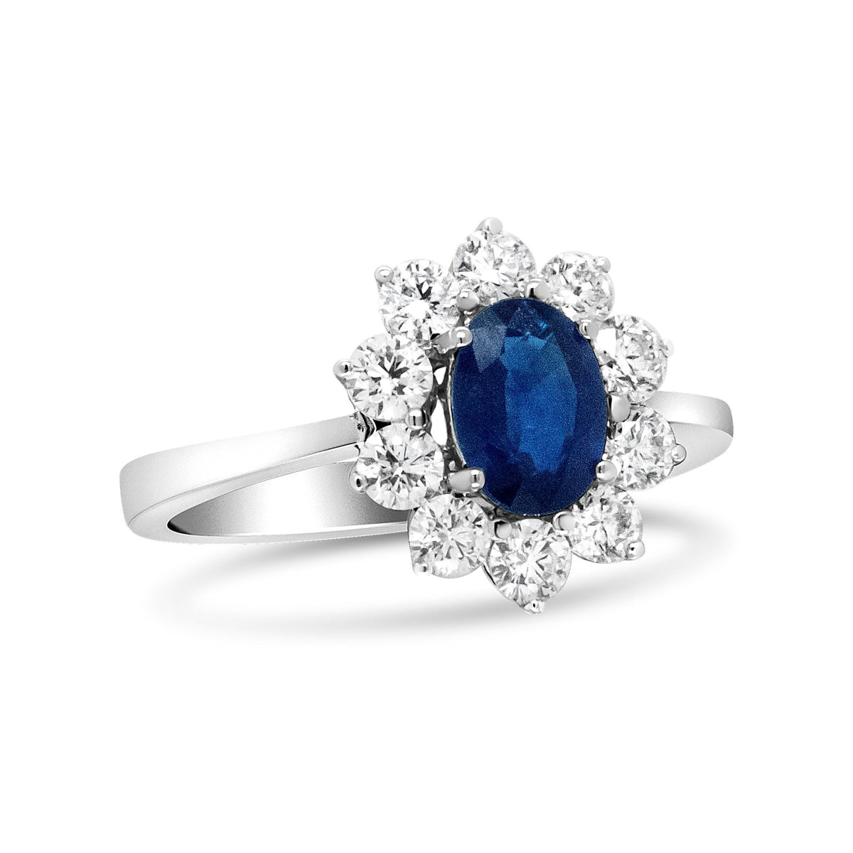 18K White Gold 7x5 mm Oval Cut Blue Sapphire and Round Diamond 3/4 Cttw Sunburst Halo Ring (F-G Color, VS1-VS2 Clarity) - Ring Size 6.5 - LinkagejewelrydesignLinkagejewelrydesign