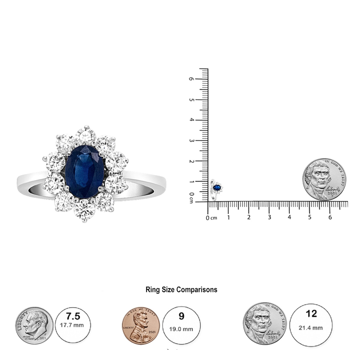 18K White Gold 7x5 mm Oval Cut Blue Sapphire and Round Diamond 3/4 Cttw Sunburst Halo Ring (F-G Color, VS1-VS2 Clarity) - Ring Size 6.5 - LinkagejewelrydesignLinkagejewelrydesign