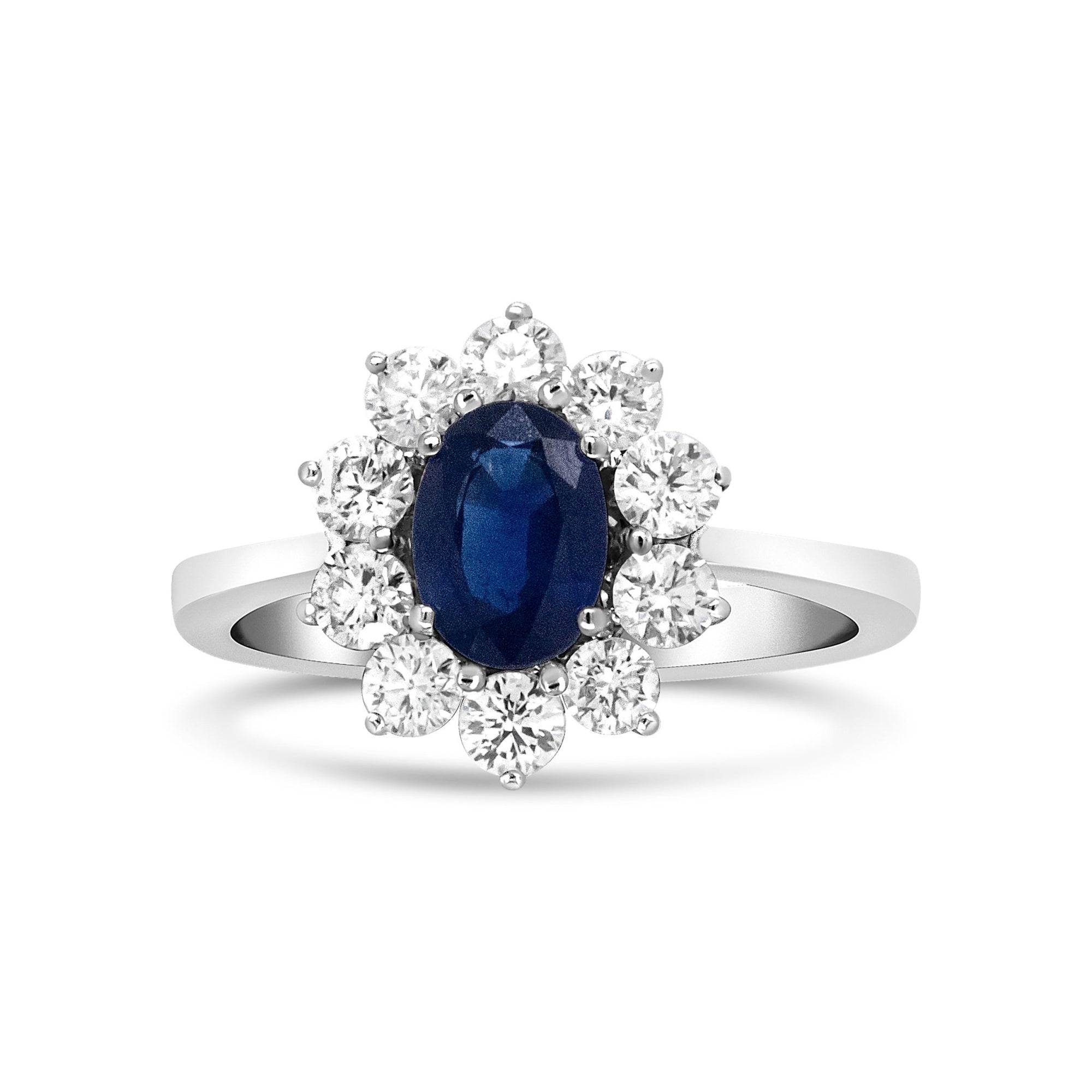 18K White Gold 7x5 mm Oval Cut Blue Sapphire and Round Diamond 3/4 Cttw Sunburst Halo Ring (F-G Color, VS1-VS2 Clarity) - Ring Size 6.5 - LinkagejewelrydesignLinkagejewelrydesign