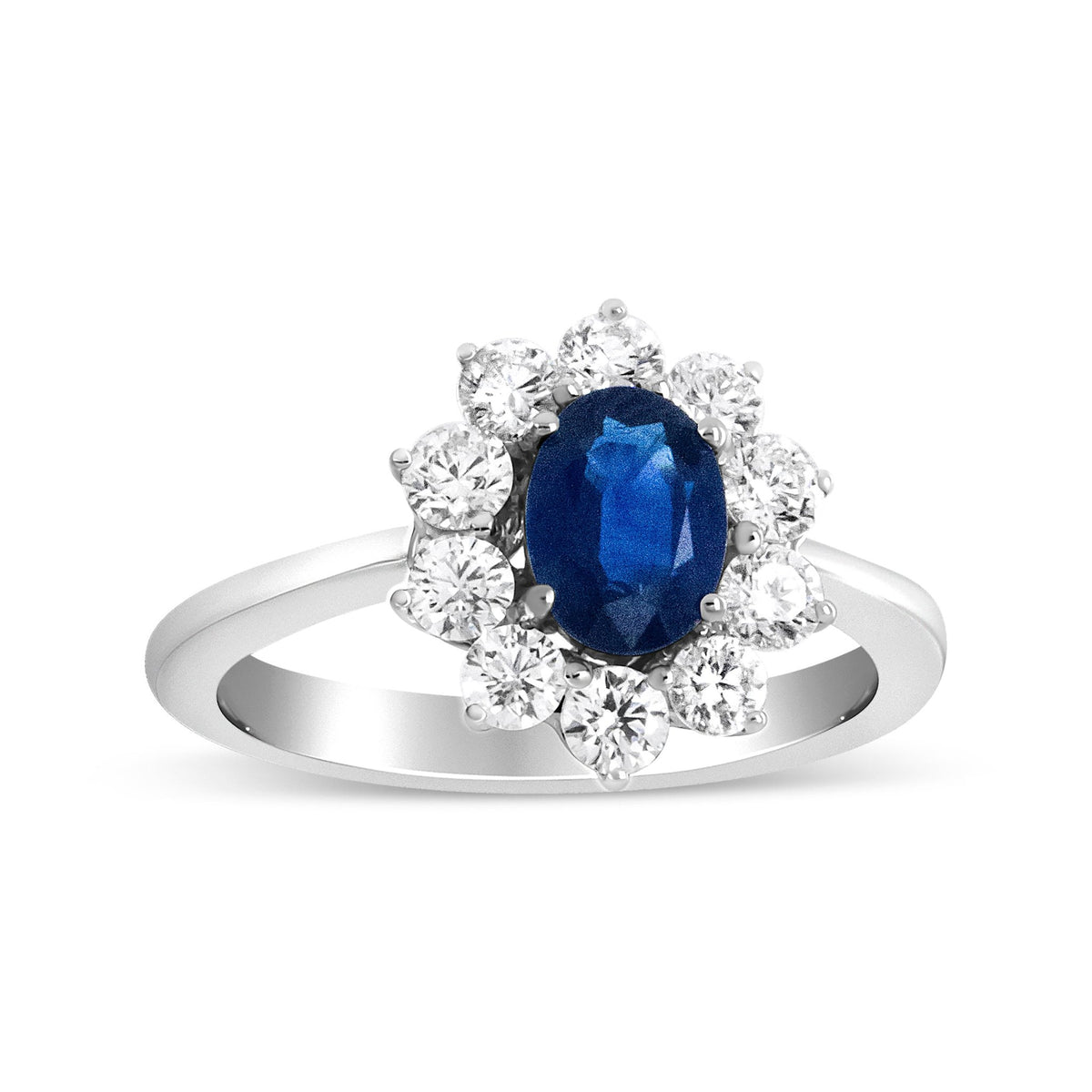 18K White Gold 7x5 mm Oval Cut Blue Sapphire and Round Diamond 3/4 Cttw Sunburst Halo Ring (F-G Color, VS1-VS2 Clarity) - Ring Size 6.5 - LinkagejewelrydesignLinkagejewelrydesign