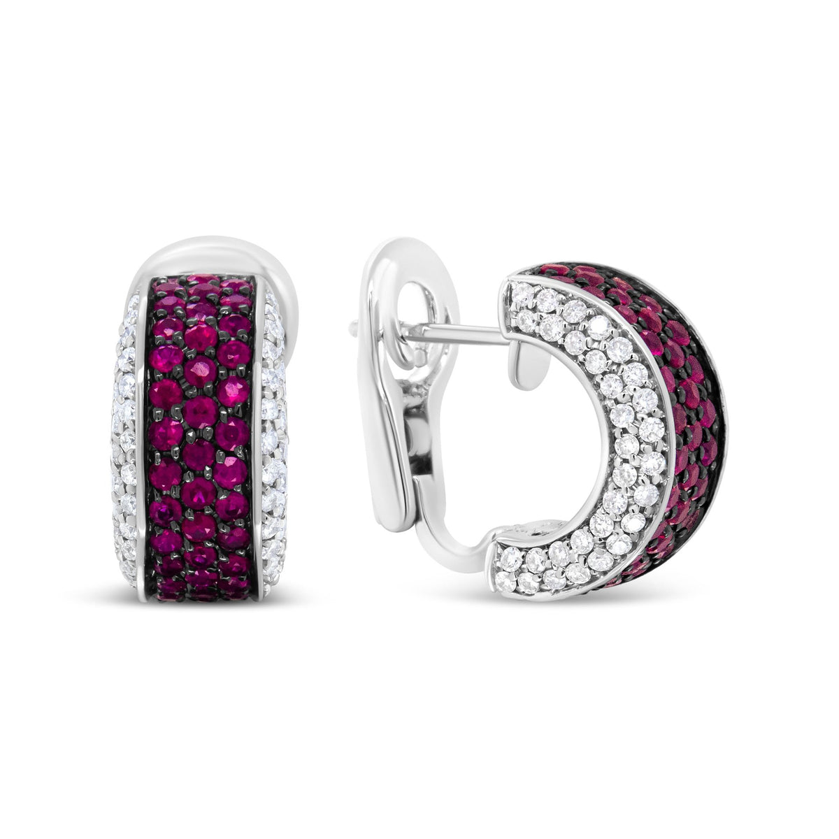 18K White Gold and Black Rhodium Plated 3/4 Cttw Round Diamonds and 1mm Round Red Ruby Huggie Hoop Earrings (F-G Color, VS1-VS2 Clarity) - LinkagejewelrydesignLinkagejewelrydesign