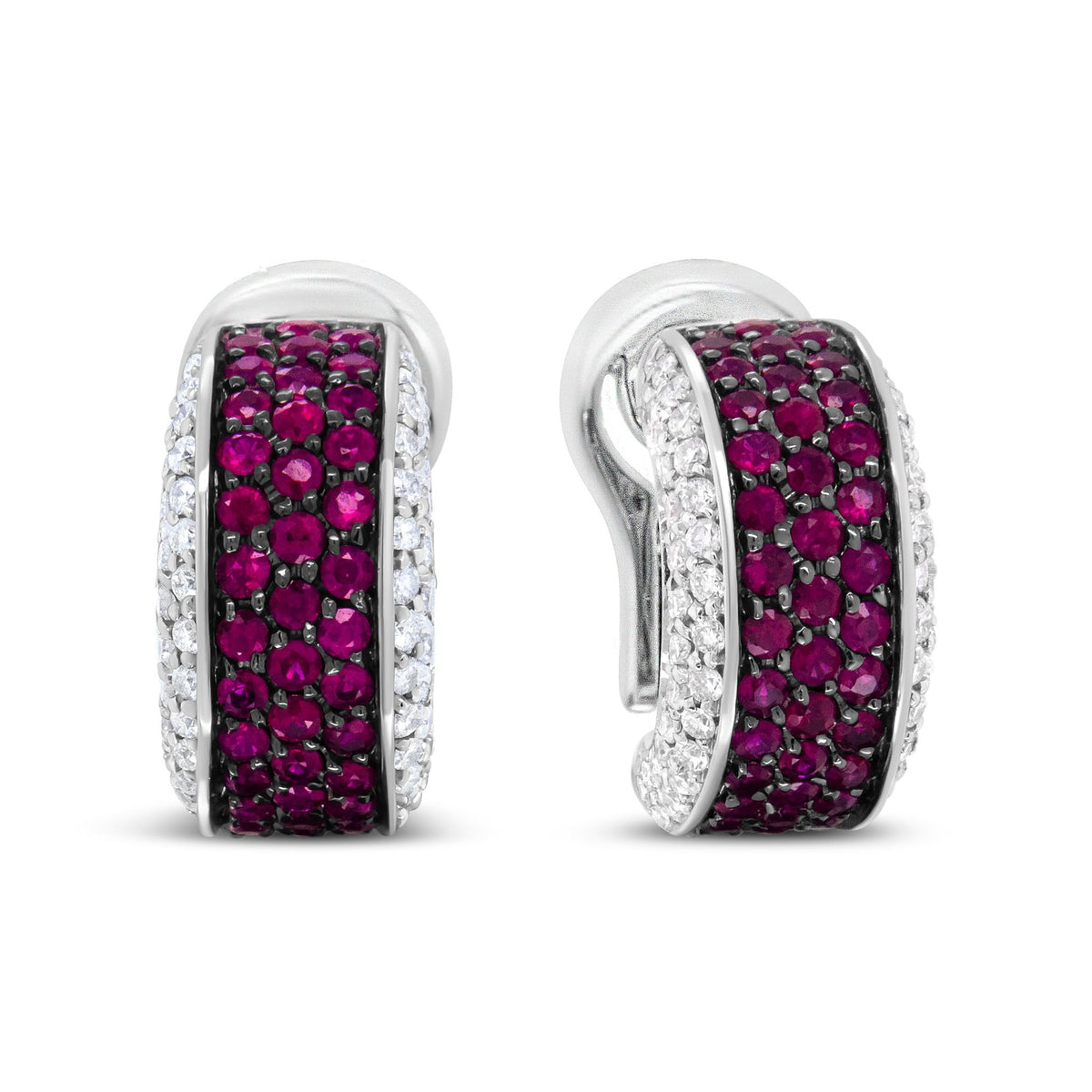 18K White Gold and Black Rhodium Plated 3/4 Cttw Round Diamonds and 1mm Round Red Ruby Huggie Hoop Earrings (F-G Color, VS1-VS2 Clarity) - LinkagejewelrydesignLinkagejewelrydesign