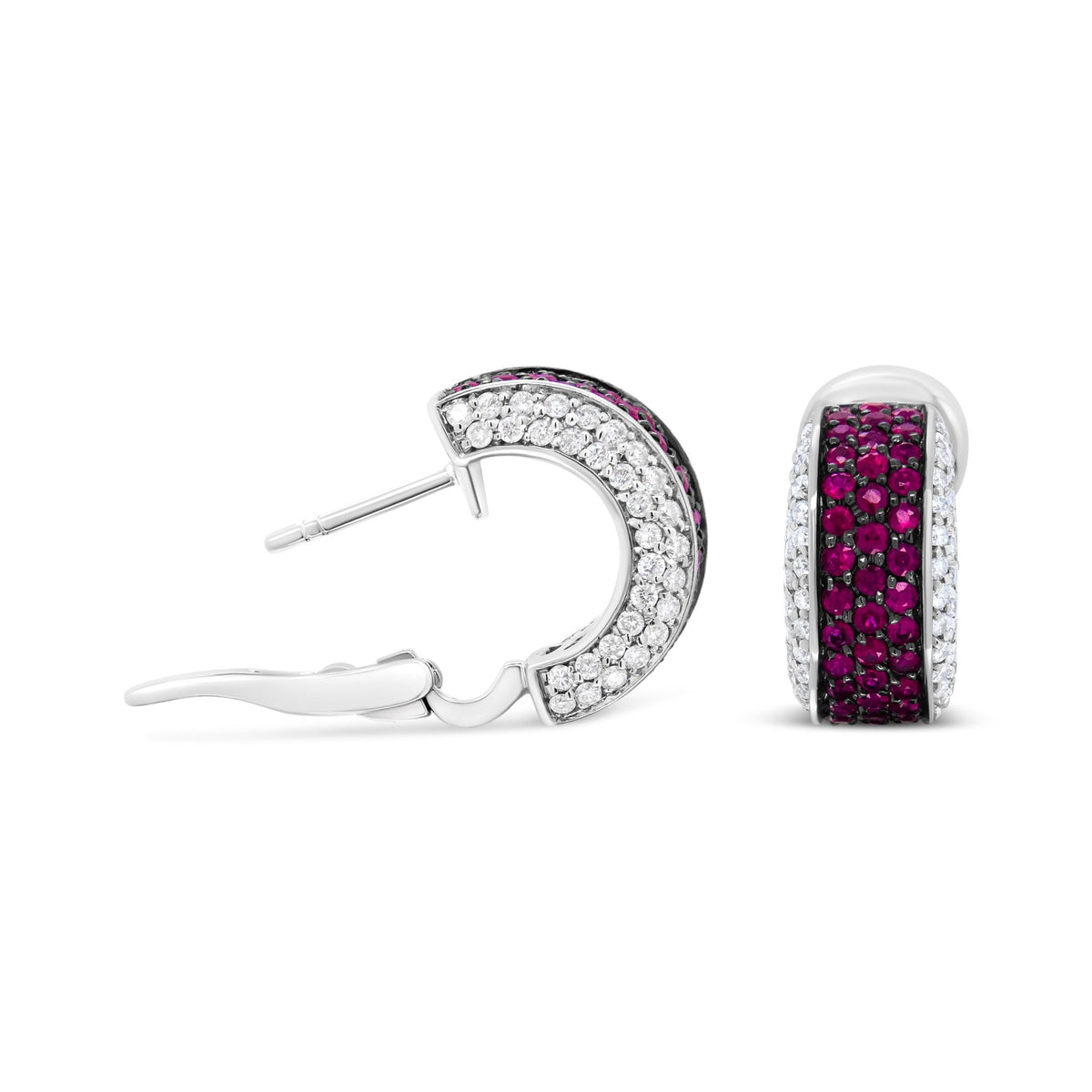 18K White Gold and Black Rhodium Plated 3/4 Cttw Round Diamonds and 1mm Round Red Ruby Huggie Hoop Earrings (F-G Color, VS1-VS2 Clarity) - LinkagejewelrydesignLinkagejewelrydesign