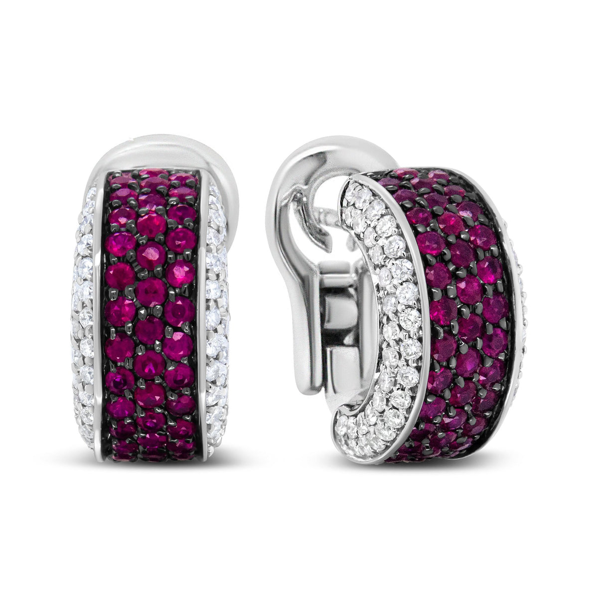 18K White Gold and Black Rhodium Plated 3/4 Cttw Round Diamonds and 1mm Round Red Ruby Huggie Hoop Earrings (F-G Color, VS1-VS2 Clarity) - LinkagejewelrydesignLinkagejewelrydesign