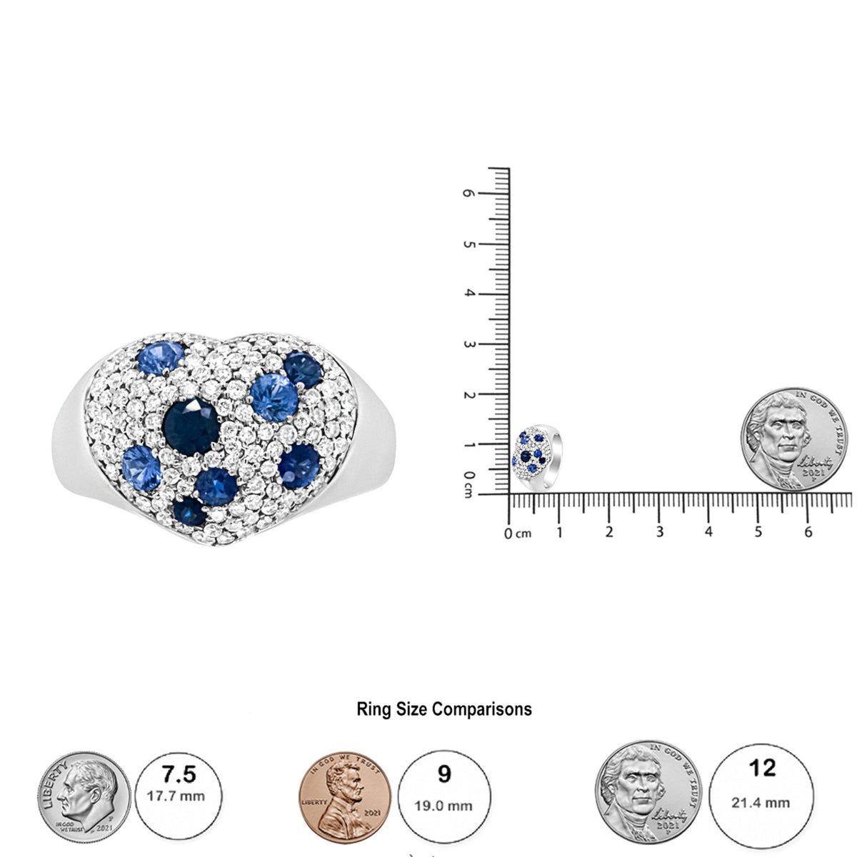 18K White Gold Blue Sapphire and 5/8 Cttw Diamond Cluster Heart Shaped Ring (F-G Color, VS1-VS2 Clarity) - Size 7.5 - LinkagejewelrydesignLinkagejewelrydesign