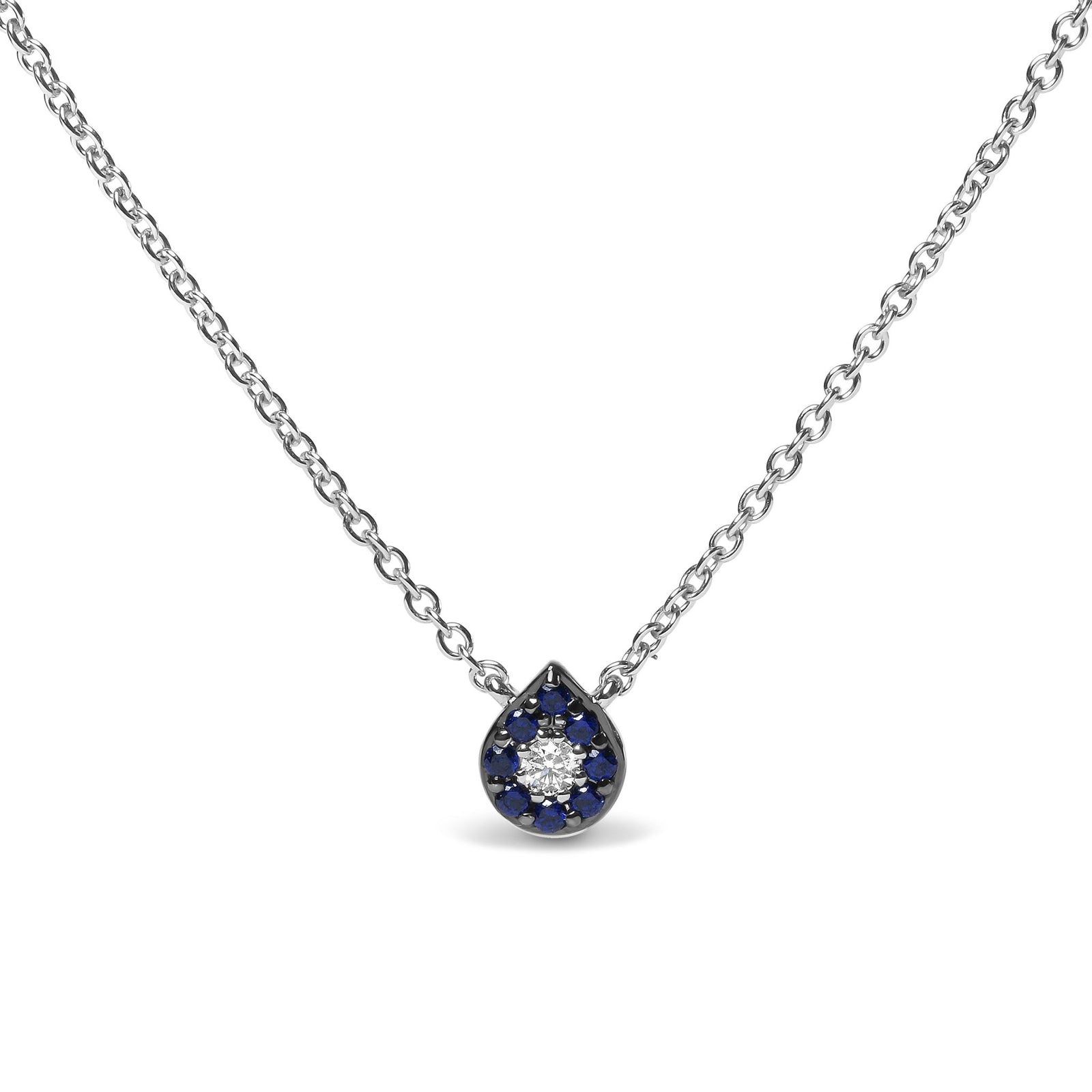 18K White Gold Diamond Accent and 1mm Round Blue Sapphire Gemstone Halo Teardrop Pendant Necklace (G-H Color, SI1-SI2 Clarity) - Adjustable up to 15.5" - 17" - LinkagejewelrydesignLinkagejewelrydesign