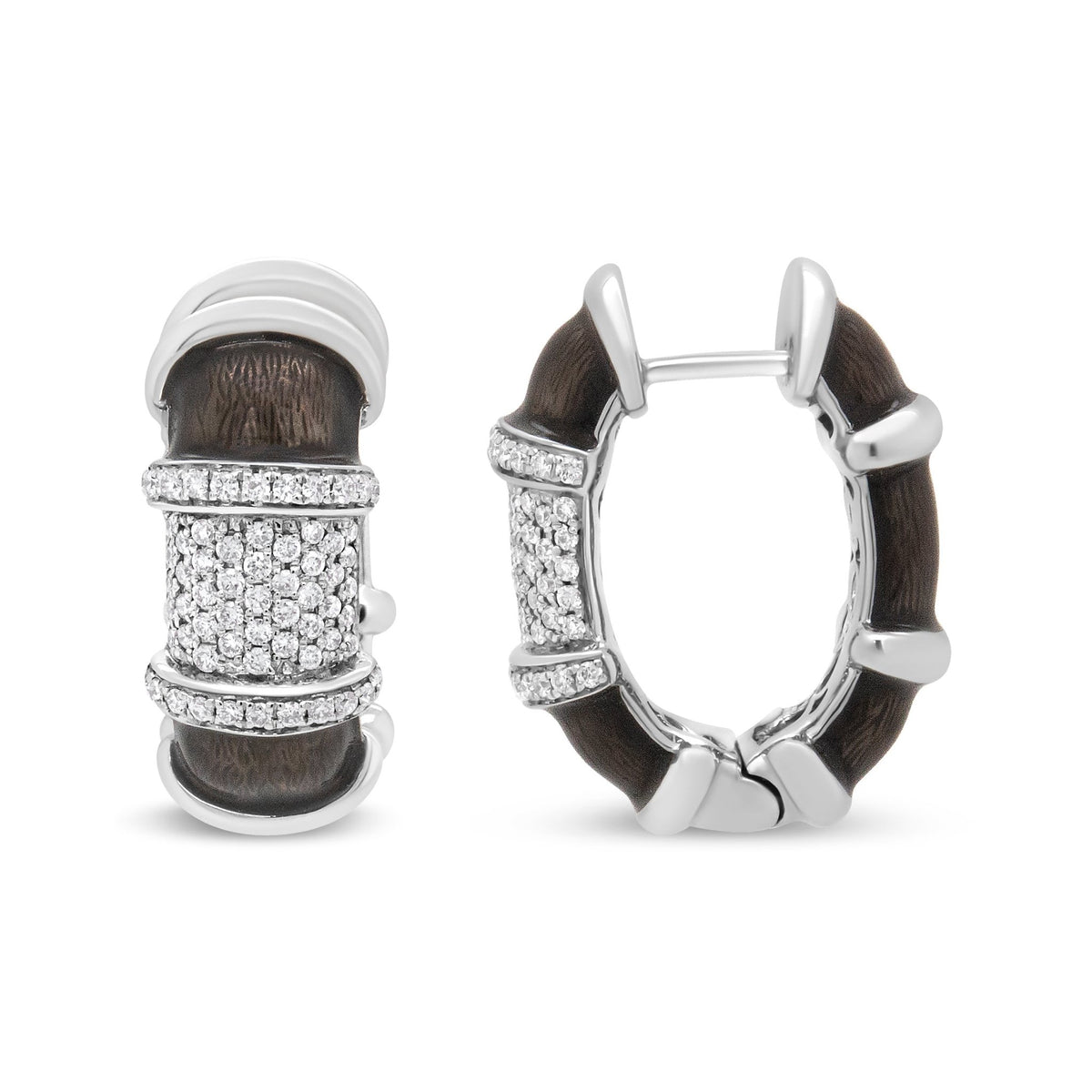 18K White Gold Flash Plated .925 Sterling Silver Clear Graphite Grey Enamel 5/8 Cttw Round Diamonds Huggie Hoop Earrings (F-G Color, VS1-VS2 Clarity) - LinkagejewelrydesignLinkagejewelrydesign