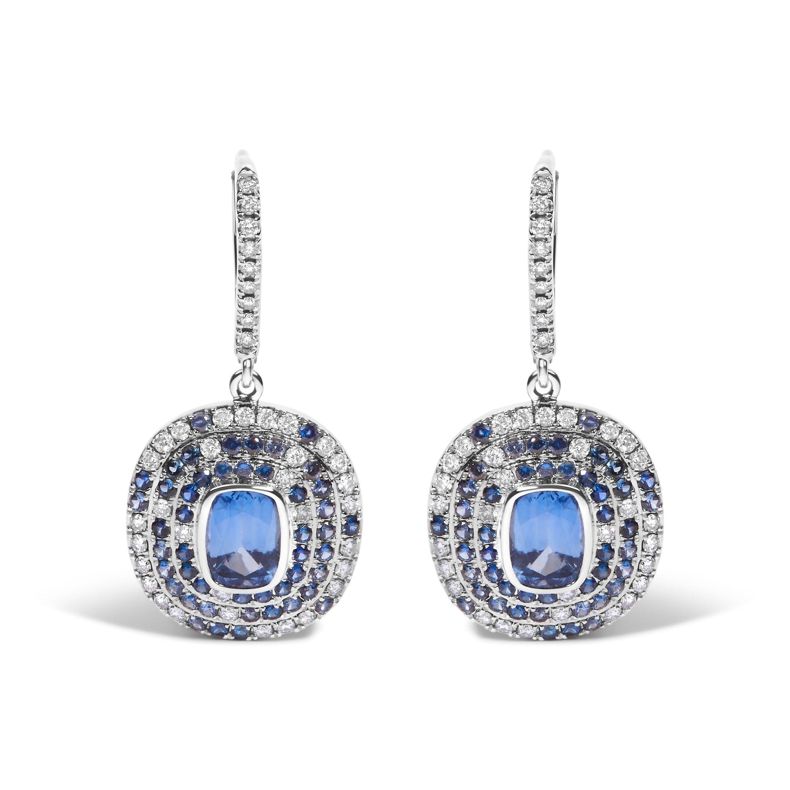 18K White Gold Natural Blue Sapphire and Diamond Scattered Halo Drop and Dangle Leverback Earrings (H - I Color, SI1 - SI2 Clarity) - LinkagejewelrydesignLinkagejewelrydesign