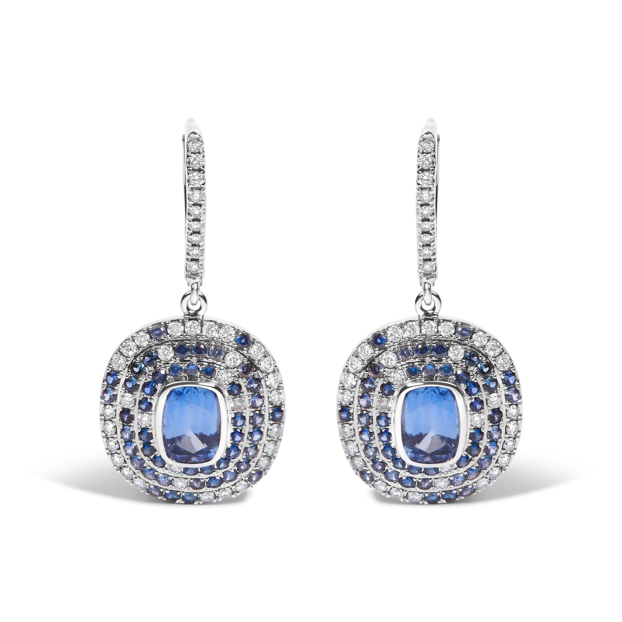 18K White Gold Natural Blue Sapphire and Diamond Scattered Halo Drop and Dangle Leverback Earrings (H - I Color, SI1 - SI2 Clarity) - LinkagejewelrydesignLinkagejewelrydesign