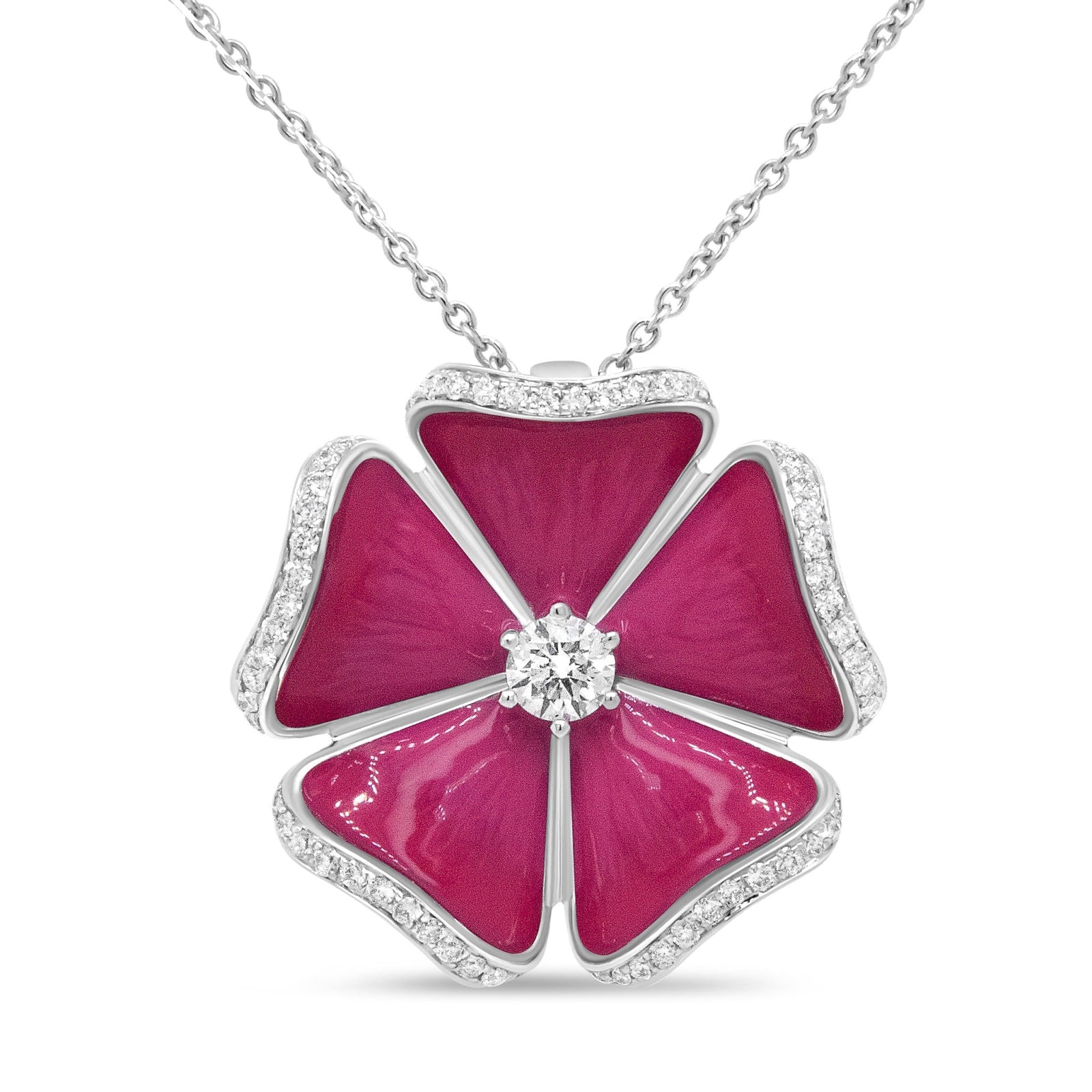 18K White Gold Red Enamel 1/2 Cttw Round Diamond Flower Blossom 18" Pendant Necklace (G-H Color, SI1-SI2 Clarity) - LinkagejewelrydesignLinkagejewelrydesign