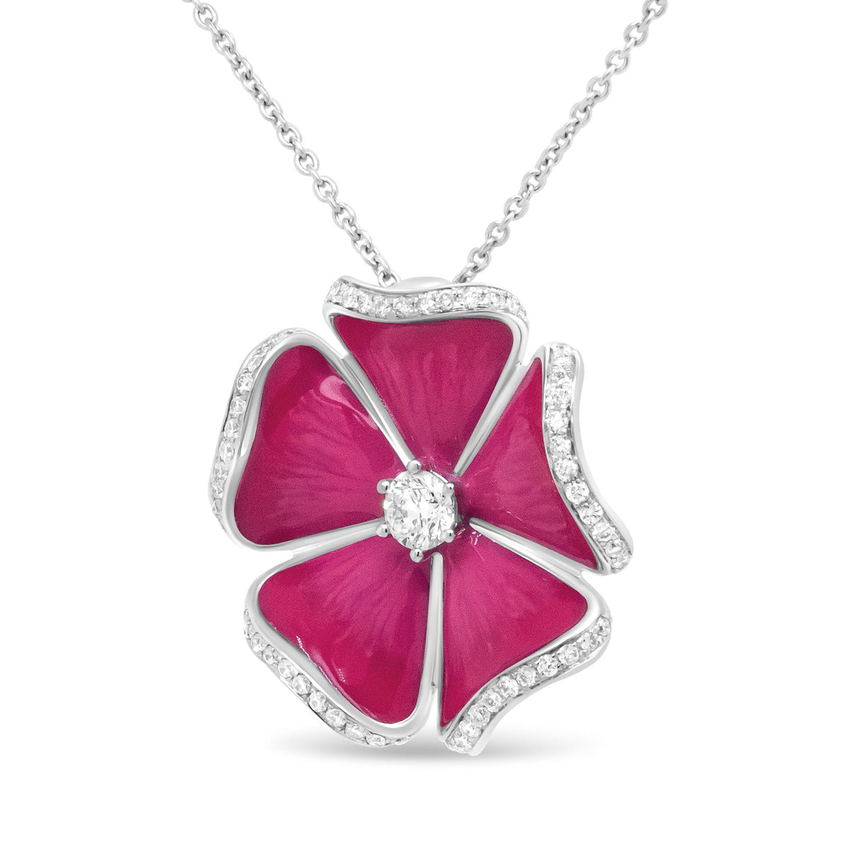 18K White Gold Red Enamel 1/2 Cttw Round Diamond Flower Blossom 18&quot; Pendant Necklace (G-H Color, SI1-SI2 Clarity) - LinkagejewelrydesignLinkagejewelrydesign