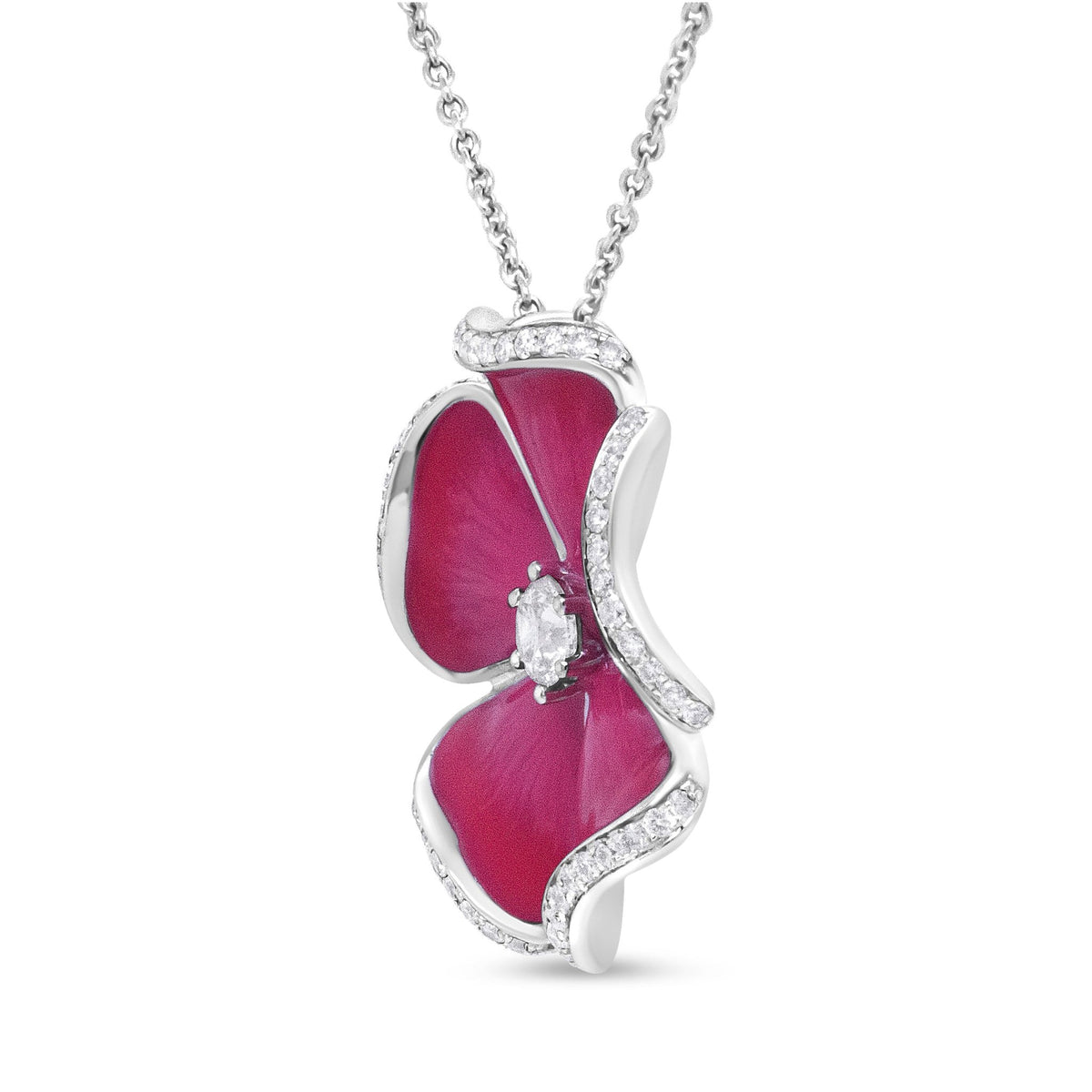 18K White Gold Red Enamel 1/2 Cttw Round Diamond Flower Blossom 18&quot; Pendant Necklace (G-H Color, SI1-SI2 Clarity) - LinkagejewelrydesignLinkagejewelrydesign