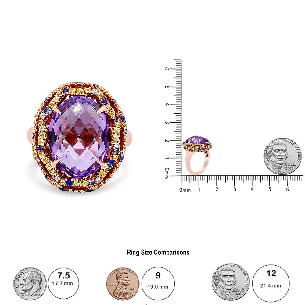 18K Yellow and Rose Gold Claw Prong Set Checkerboard Cut Purple Amethyst, Blue & Yellow Sapphire, Diamond Accent Cocktail Ring Band (F-G Color, VS1-VS2 Clarity) - Ring Size 7 - LinkagejewelrydesignLinkagejewelrydesign