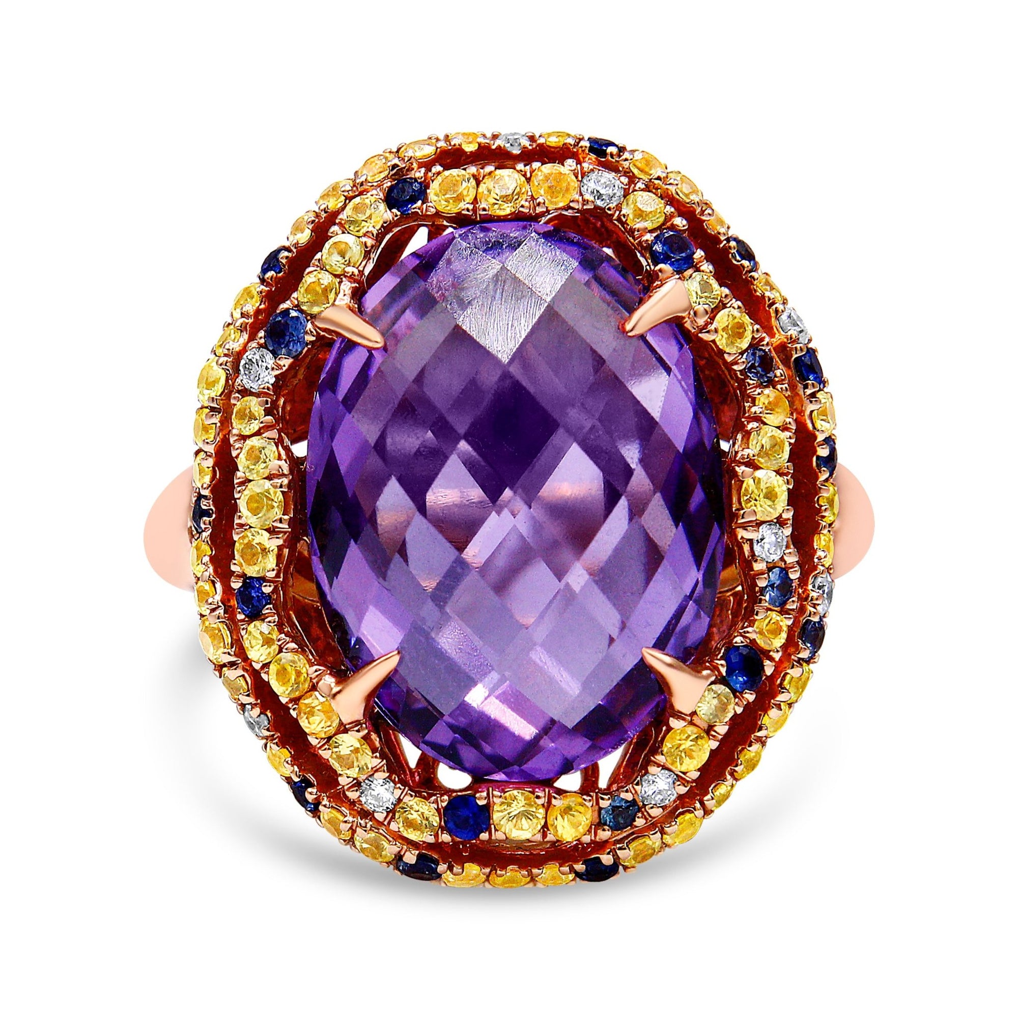 18K Yellow and Rose Gold Claw Prong Set Checkerboard Cut Purple Amethyst, Blue & Yellow Sapphire, Diamond Accent Cocktail Ring Band (F-G Color, VS1-VS2 Clarity) - Ring Size 7 - LinkagejewelrydesignLinkagejewelrydesign