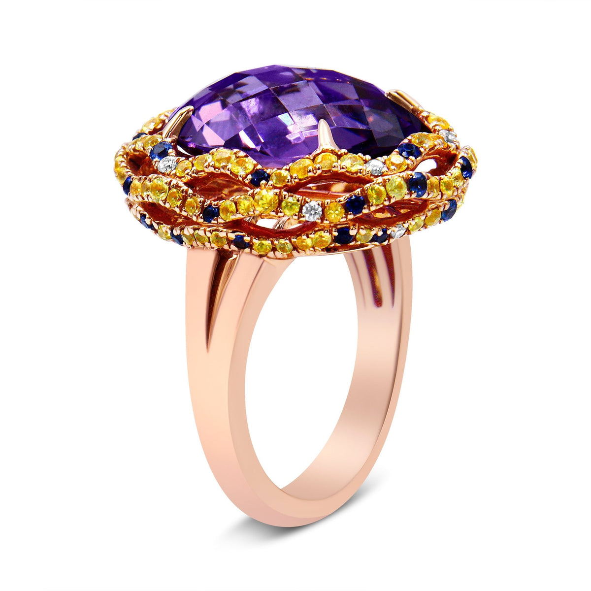 18K Yellow and Rose Gold Claw Prong Set Checkerboard Cut Purple Amethyst, Blue & Yellow Sapphire, Diamond Accent Cocktail Ring Band (F-G Color, VS1-VS2 Clarity) - Ring Size 7 - LinkagejewelrydesignLinkagejewelrydesign