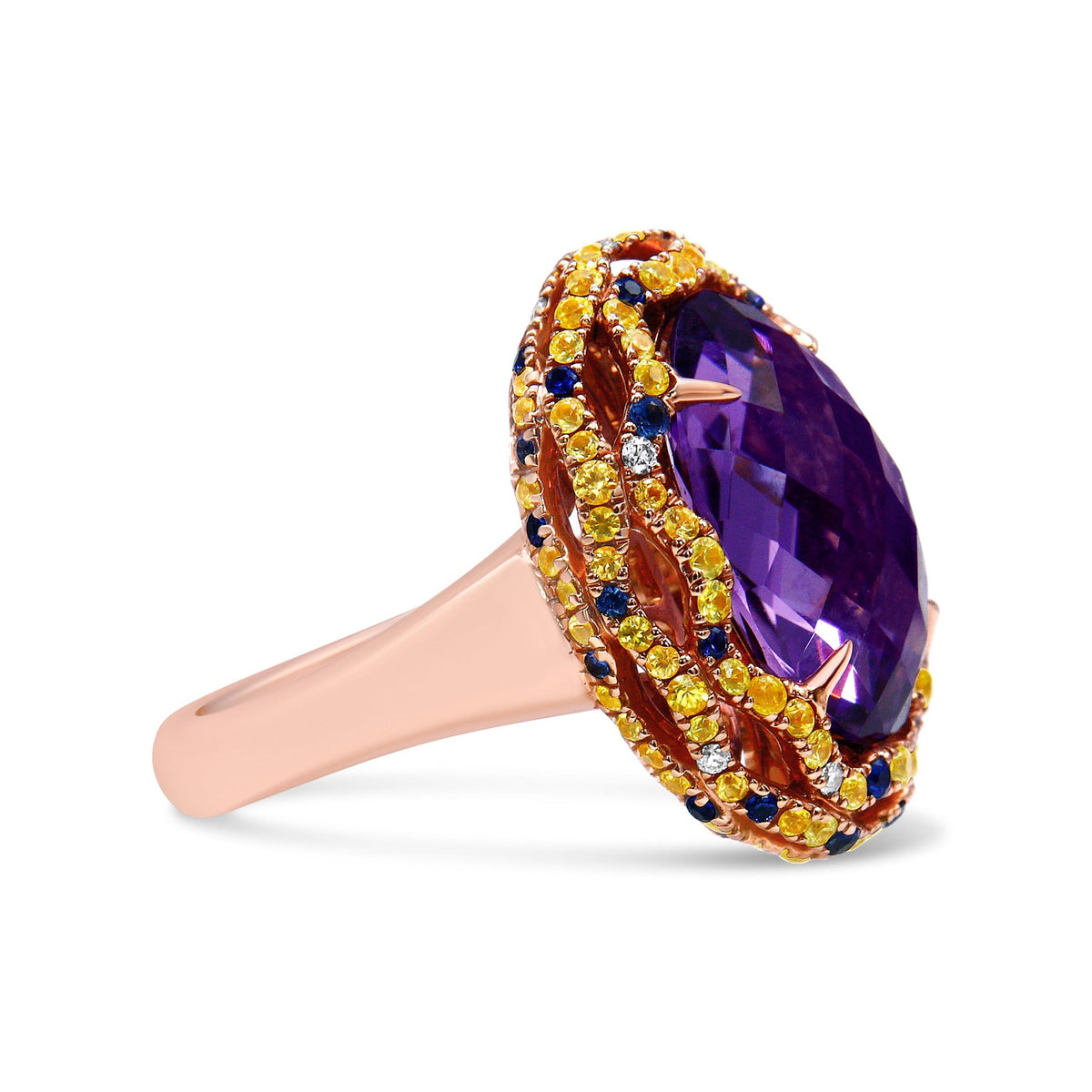 18K Yellow and Rose Gold Claw Prong Set Checkerboard Cut Purple Amethyst, Blue & Yellow Sapphire, Diamond Accent Cocktail Ring Band (F-G Color, VS1-VS2 Clarity) - Ring Size 7 - LinkagejewelrydesignLinkagejewelrydesign