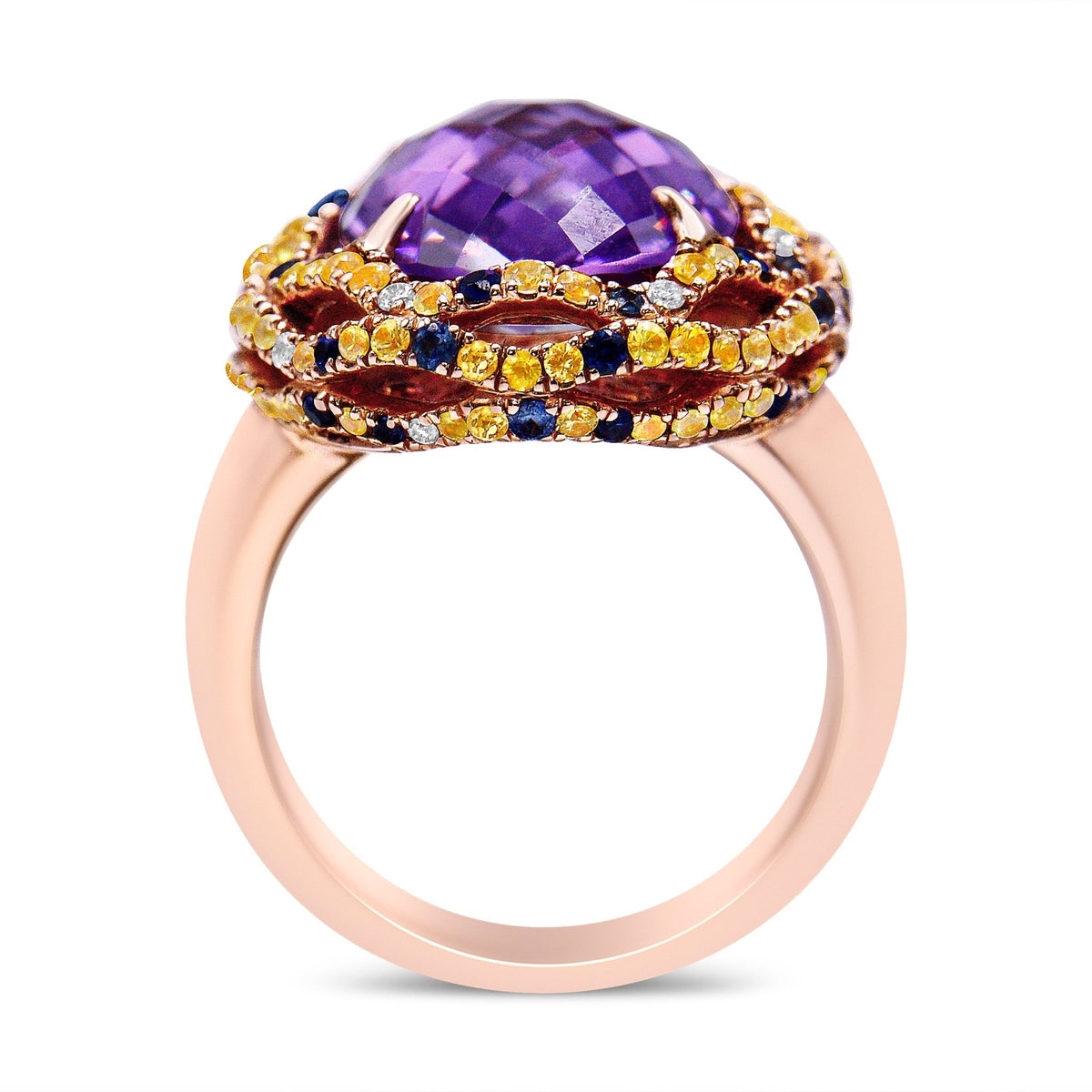 18K Yellow and Rose Gold Claw Prong Set Checkerboard Cut Purple Amethyst, Blue & Yellow Sapphire, Diamond Accent Cocktail Ring Band (F-G Color, VS1-VS2 Clarity) - Ring Size 7 - LinkagejewelrydesignLinkagejewelrydesign