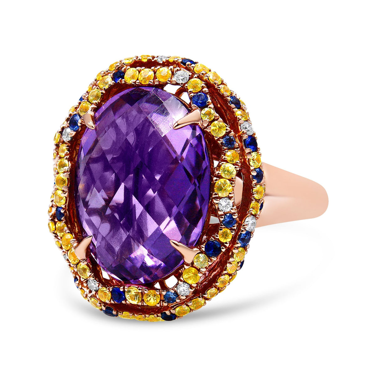 18K Yellow and Rose Gold Claw Prong Set Checkerboard Cut Purple Amethyst, Blue & Yellow Sapphire, Diamond Accent Cocktail Ring Band (F-G Color, VS1-VS2 Clarity) - Ring Size 7 - LinkagejewelrydesignLinkagejewelrydesign