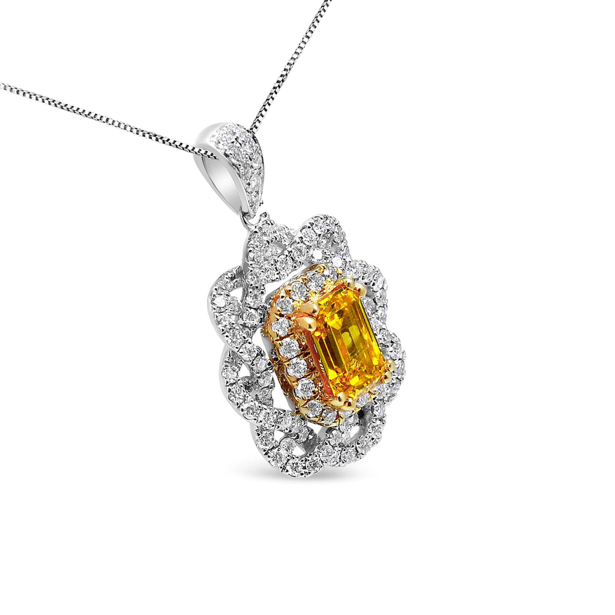18K Yellow and White Gold 1.75 Cttw Diamond Lab Grown Treated Yellow Emerald Center Diamond Halo 18&quot; Pendant Necklace (Yellow/G-H Color, VS1-VS2 Clarity) - LinkagejewelrydesignLinkagejewelrydesign