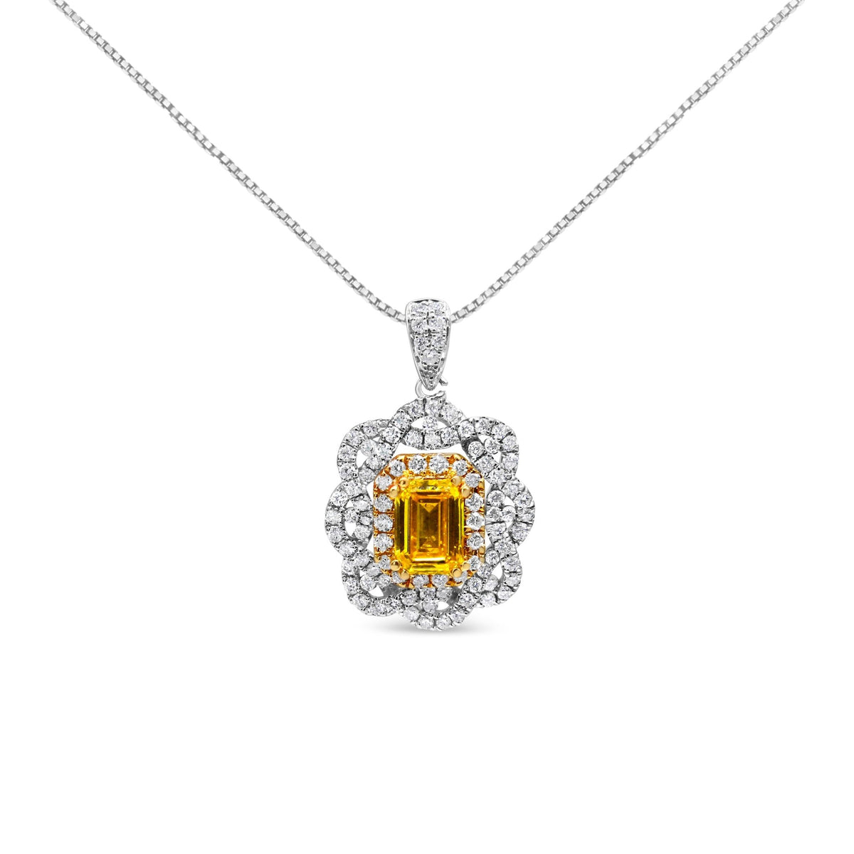 18K Yellow and White Gold 1.75 Cttw Diamond Lab Grown Treated Yellow Emerald Center Diamond Halo 18&quot; Pendant Necklace (Yellow/G-H Color, VS1-VS2 Clarity) - LinkagejewelrydesignLinkagejewelrydesign