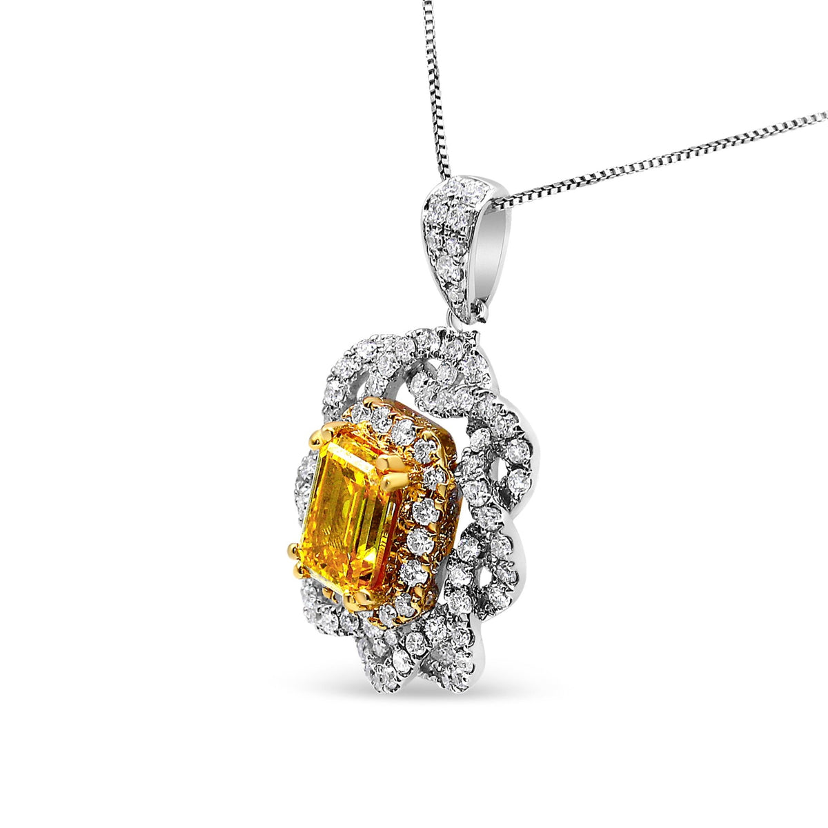 18K Yellow and White Gold 1.75 Cttw Diamond Lab Grown Treated Yellow Emerald Center Diamond Halo 18&quot; Pendant Necklace (Yellow/G-H Color, VS1-VS2 Clarity) - LinkagejewelrydesignLinkagejewelrydesign