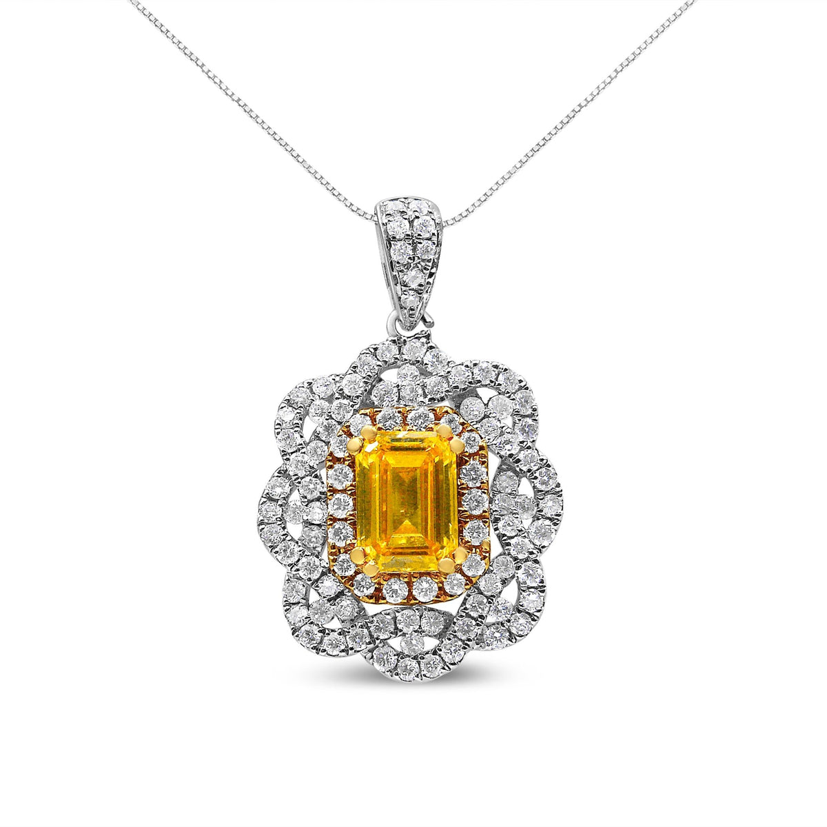 18K Yellow and White Gold 1.75 Cttw Diamond Lab Grown Treated Yellow Emerald Center Diamond Halo 18&quot; Pendant Necklace (Yellow/G-H Color, VS1-VS2 Clarity) - LinkagejewelrydesignLinkagejewelrydesign