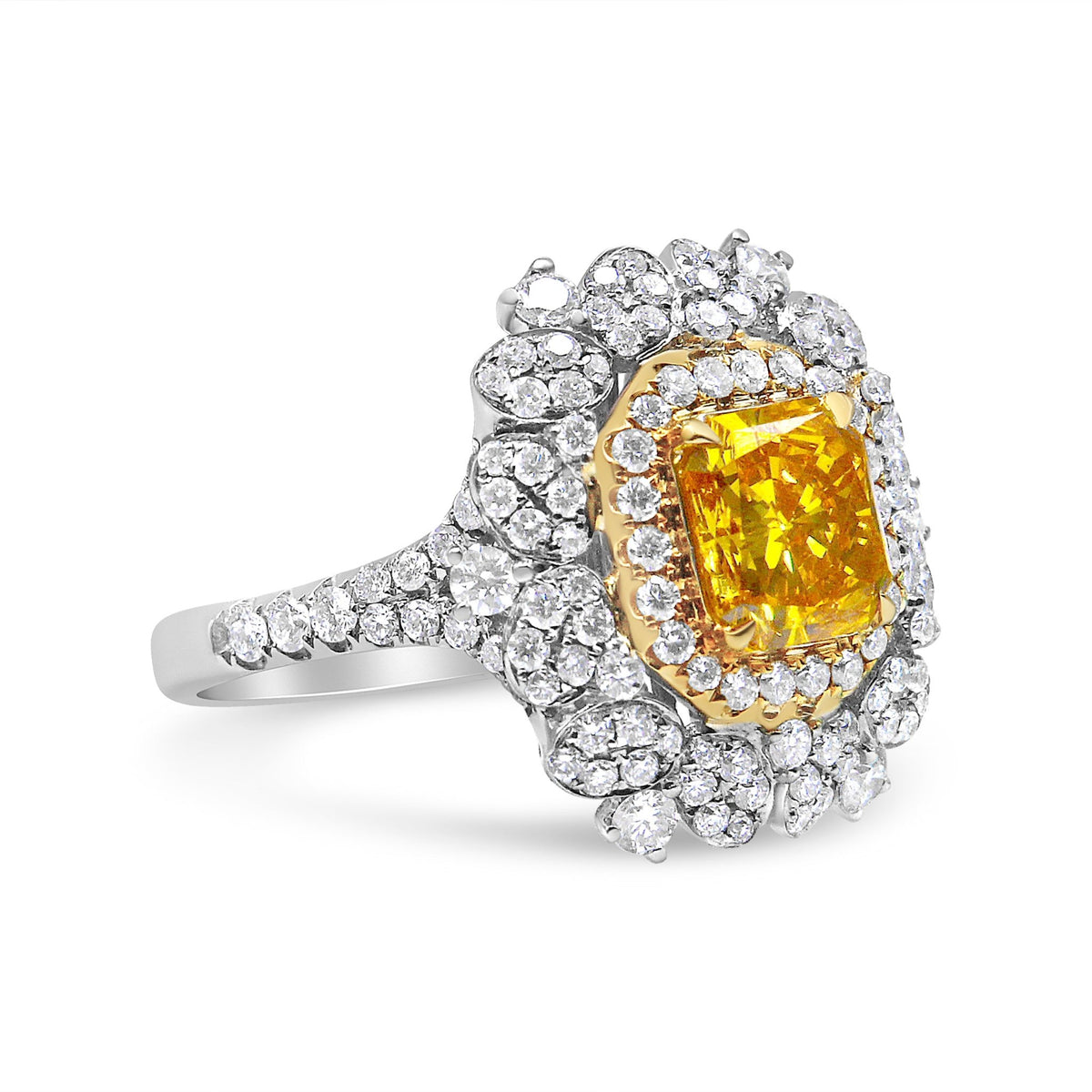 18k Yellow and White Gold 2 3/4 Cttw Lab Grown Yellow Radiant Cut Diamond Halo Cluster Ring (Yellow/G-H Color, VS1-VS2 Clarity) - Size 5.75 - LinkagejewelrydesignLinkagejewelrydesign
