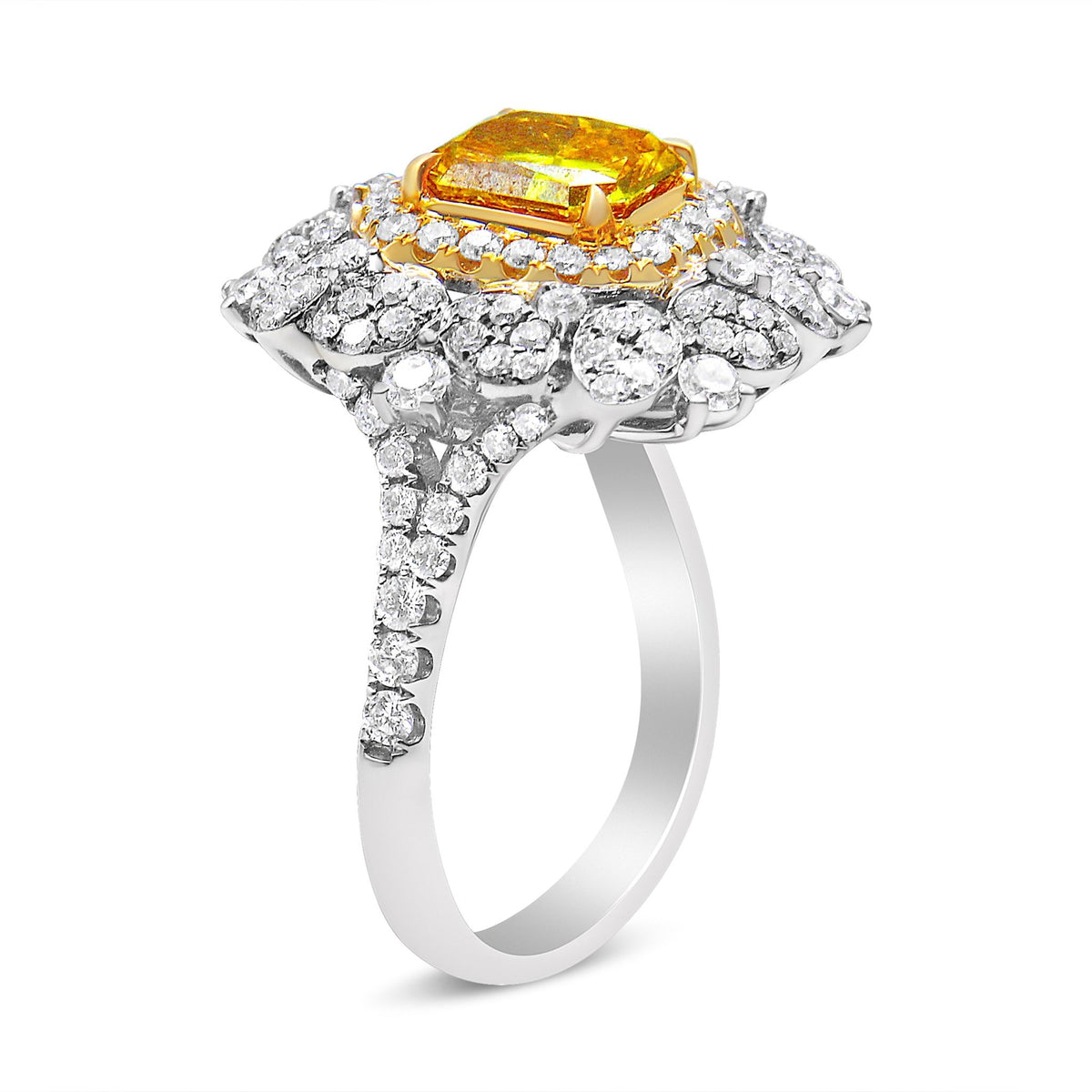 18k Yellow and White Gold 2 3/4 Cttw Lab Grown Yellow Radiant Cut Diamond Halo Cluster Ring (Yellow/G-H Color, VS1-VS2 Clarity) - Size 5.75 - LinkagejewelrydesignLinkagejewelrydesign