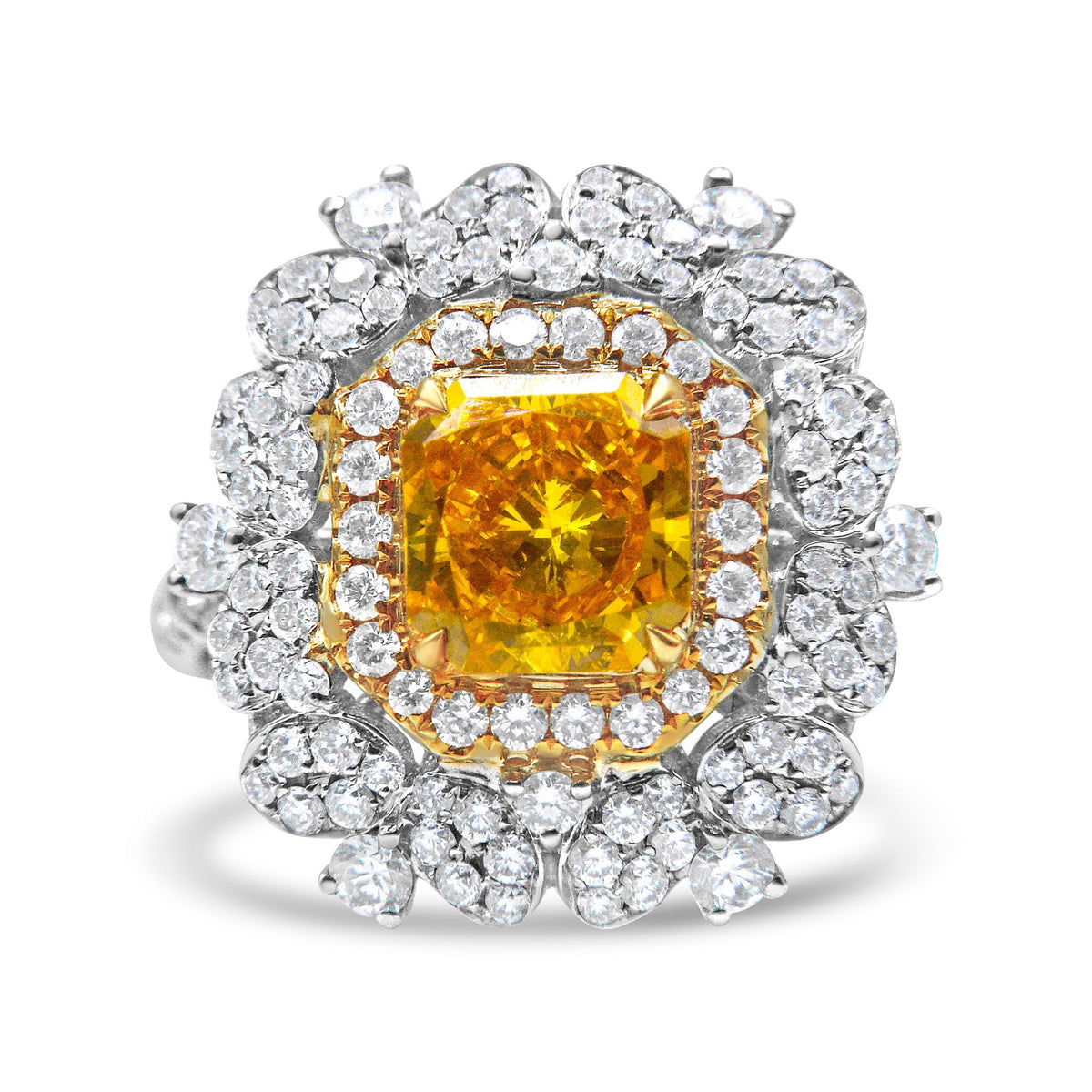 18k Yellow and White Gold 2 3/4 Cttw Lab Grown Yellow Radiant Cut Diamond Halo Cluster Ring (Yellow/G-H Color, VS1-VS2 Clarity) - Size 5.75 - LinkagejewelrydesignLinkagejewelrydesign