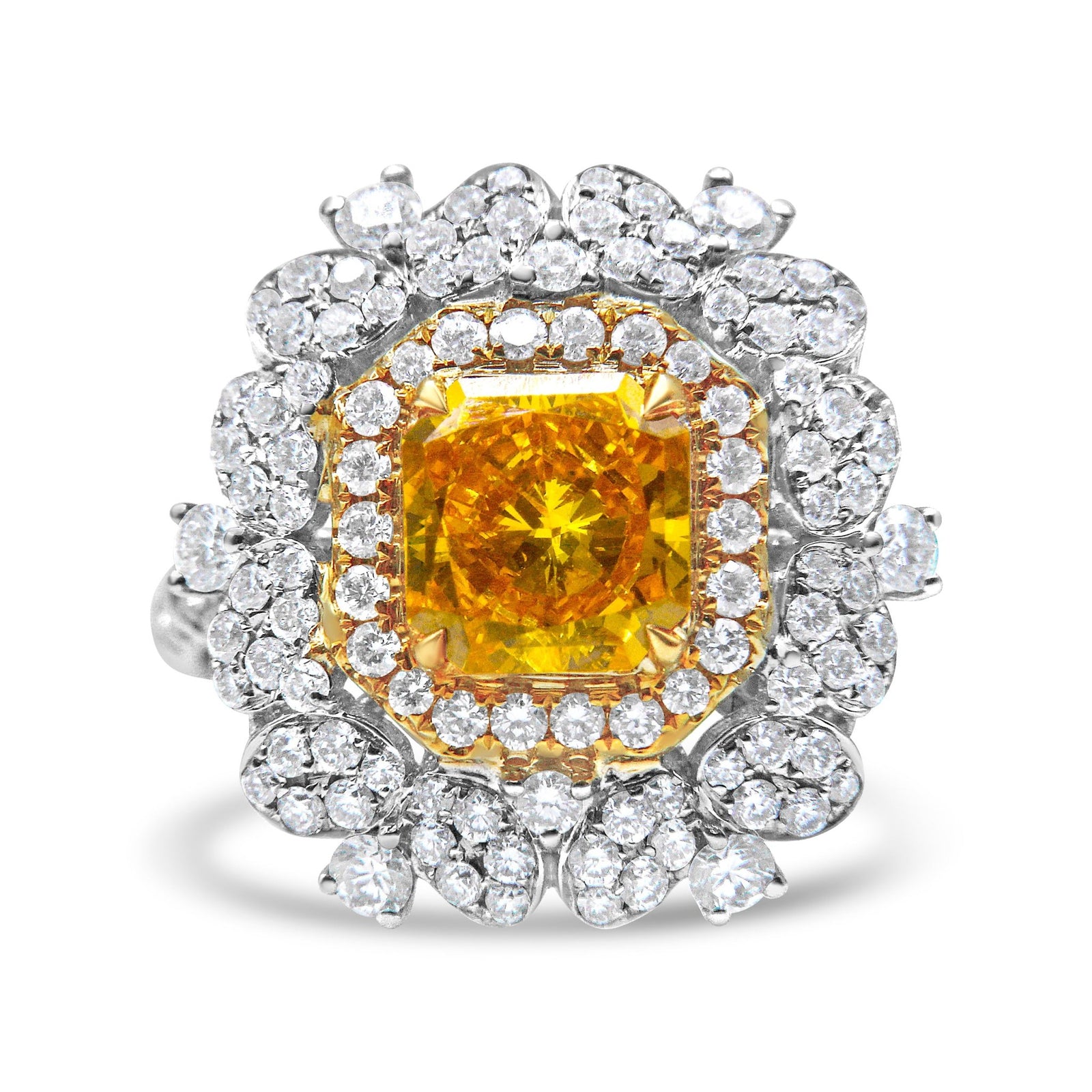18k Yellow and White Gold 2 3/4 Cttw Lab Grown Yellow Radiant Cut Diamond Halo Cluster Ring (Yellow/G-H Color, VS1-VS2 Clarity) - Size 5.75 - LinkagejewelrydesignLinkagejewelrydesign