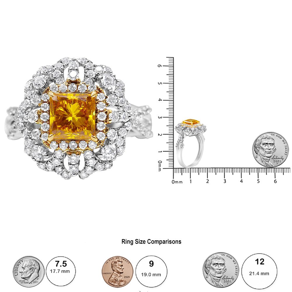 18K Yellow and White Gold 2.35 Cttw Yellow Princess Lab Grown Center Diamond Cluster Halo Cocktail Ring (Yellow/G-H Color, VS1-VS2 Clarity) - Size 6.25 - LinkagejewelrydesignLinkagejewelrydesign