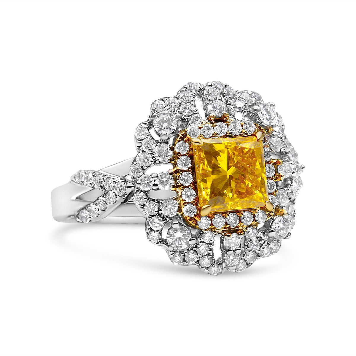 18K Yellow and White Gold 2.35 Cttw Yellow Princess Lab Grown Center Diamond Cluster Halo Cocktail Ring (Yellow/G-H Color, VS1-VS2 Clarity) - Size 6.25 - LinkagejewelrydesignLinkagejewelrydesign