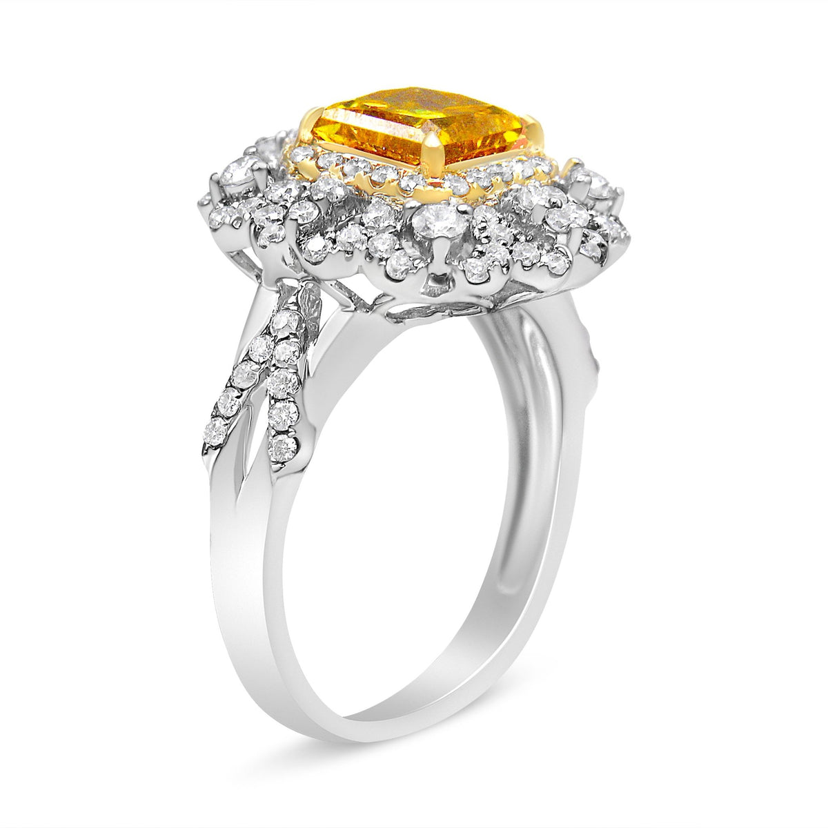 18K Yellow and White Gold 2.35 Cttw Yellow Princess Lab Grown Center Diamond Cluster Halo Cocktail Ring (Yellow/G-H Color, VS1-VS2 Clarity) - Size 6.25 - LinkagejewelrydesignLinkagejewelrydesign
