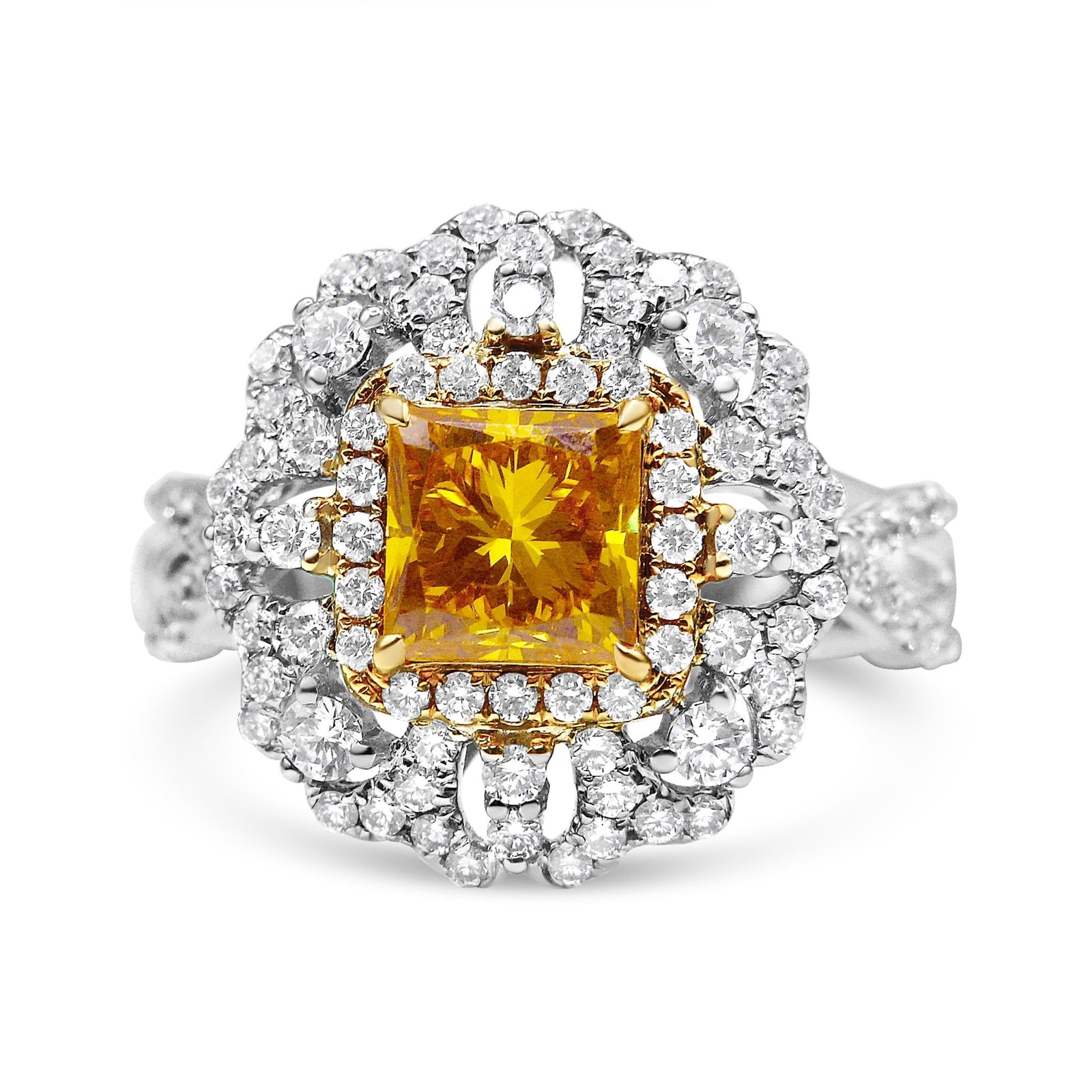 18K Yellow and White Gold 2.35 Cttw Yellow Princess Lab Grown Center Diamond Cluster Halo Cocktail Ring (Yellow/G-H Color, VS1-VS2 Clarity) - Size 6.25 - LinkagejewelrydesignLinkagejewelrydesign